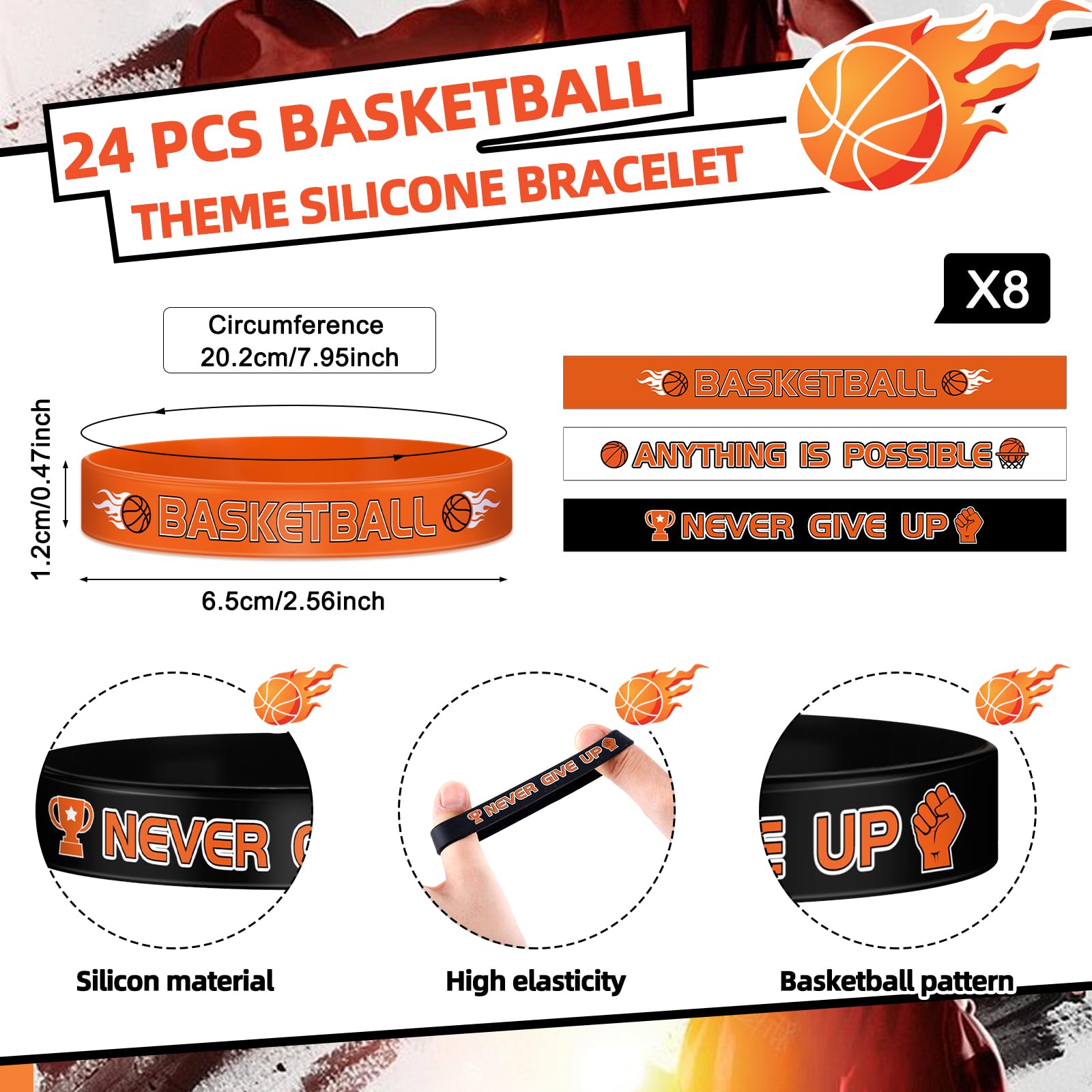 Poen 48 Pcs Basketball Medals and Basketball Silicone Wristband 24 Pcs Basketball Medals with Neck Ribbons 24 Pcs Rubber Basketball Bracelet for Kids Adults Basketball Party Favors Team Sports Gifts