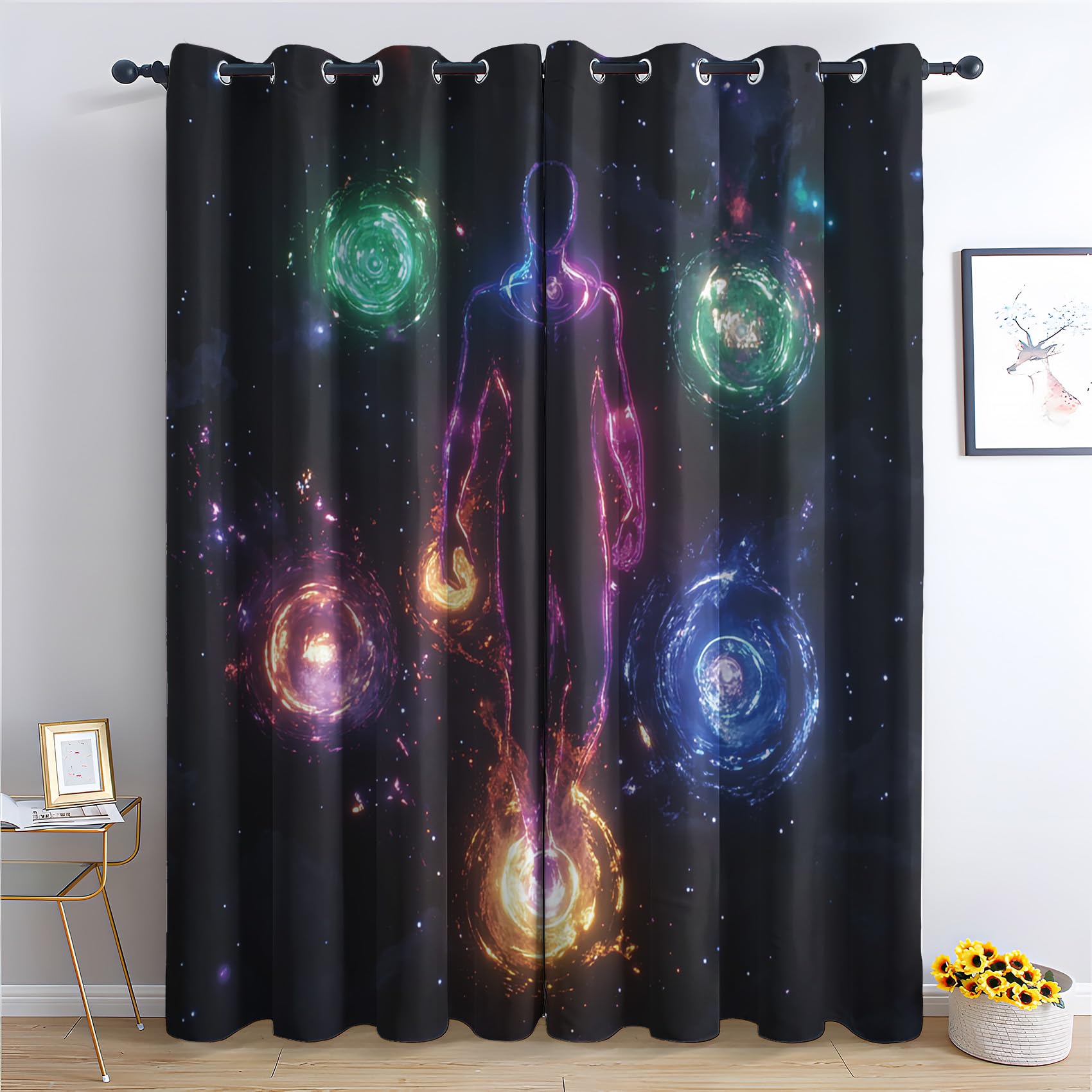 Zcwl Multicoloured Chakra Curtains For Bedroom Living Room - Meditation Blackout Curtains - Thermal Eyelet Curtains & Drapes - 84 Drop Patterned Window Treatments - 52X84 Inch (W X L) 2 Panels