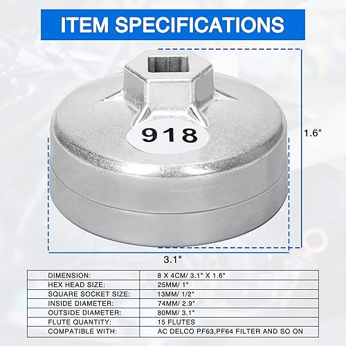 Miniatura 4 de Llave de filtro de aceite de 2.913 in: Herramienta de extracción de filtro de aceite de 15 flautas compatible con filtro de aceite AC Delco