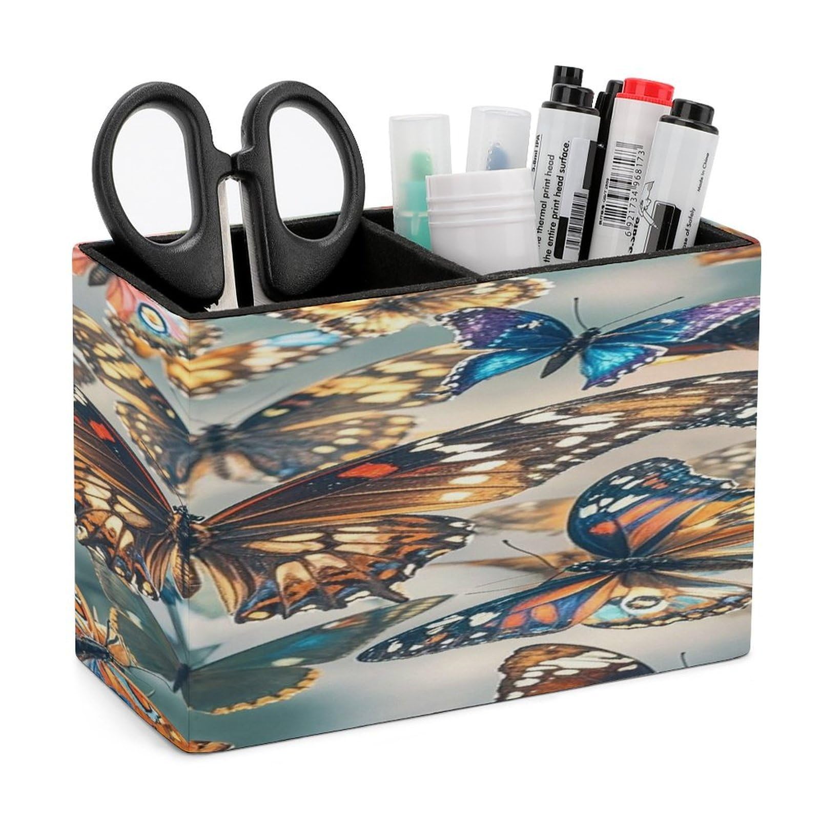 FekiLoot Butterflies Pen Holders for Desk Small Remote Control Holder Leather Pencil Cup with Double Compartments Desktop Organizer for Table Desk Office Space Saving