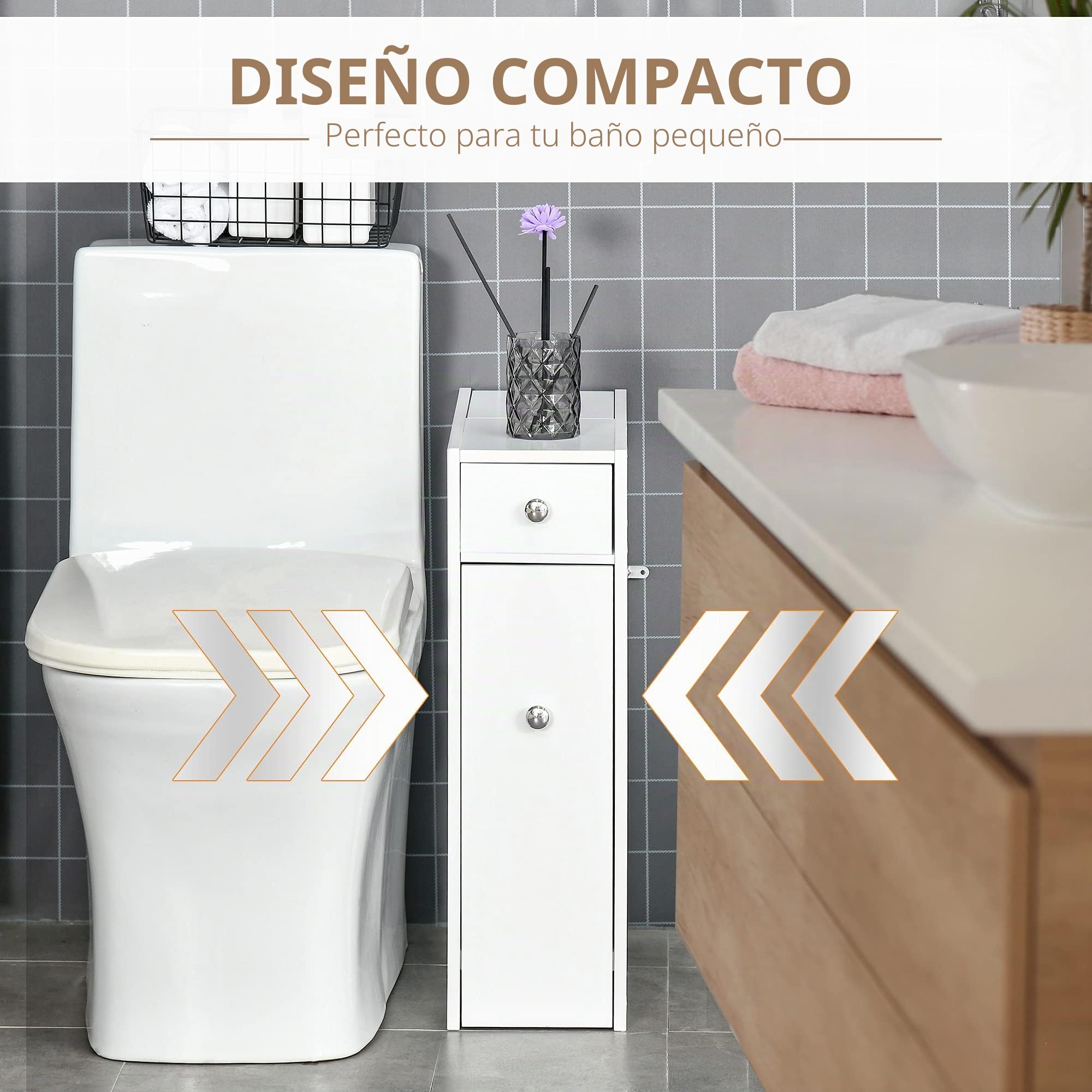 HOMCOM Armario Auxiliar de Baño Mueble de Baño Estrecho con 2 Cajones y Compartimiento Superior con Tapa para Lavabo Ducha 17x48x58 cm Blanco