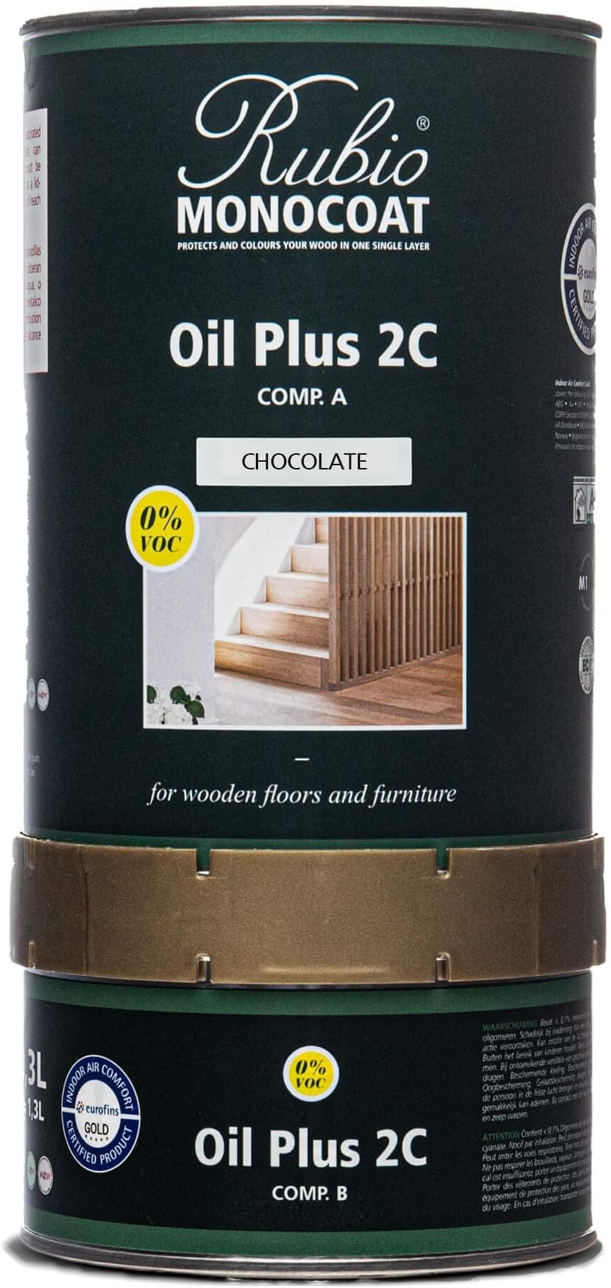 Rubio Monocoat Wood Stain & Finish 650 ft² | Oil Plus 2C | Quick-Dry, Eco-Friendly Linseed Wood Oil for Indoor Use, Includes Accelerator (Part B) | Protector | 1.3 L, Chocolate