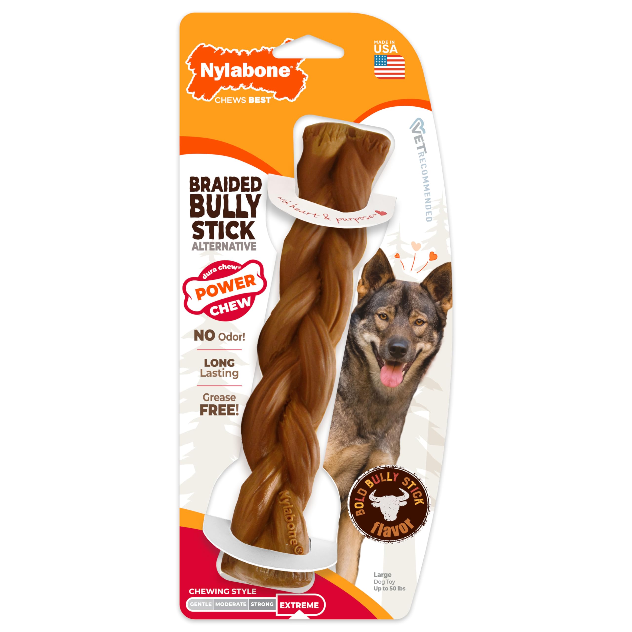 Nylabone Braided Bully Stick Safe Alternative Power Chew Toy for Dogs Durable Dog Toys for Aggressive Chewers Long