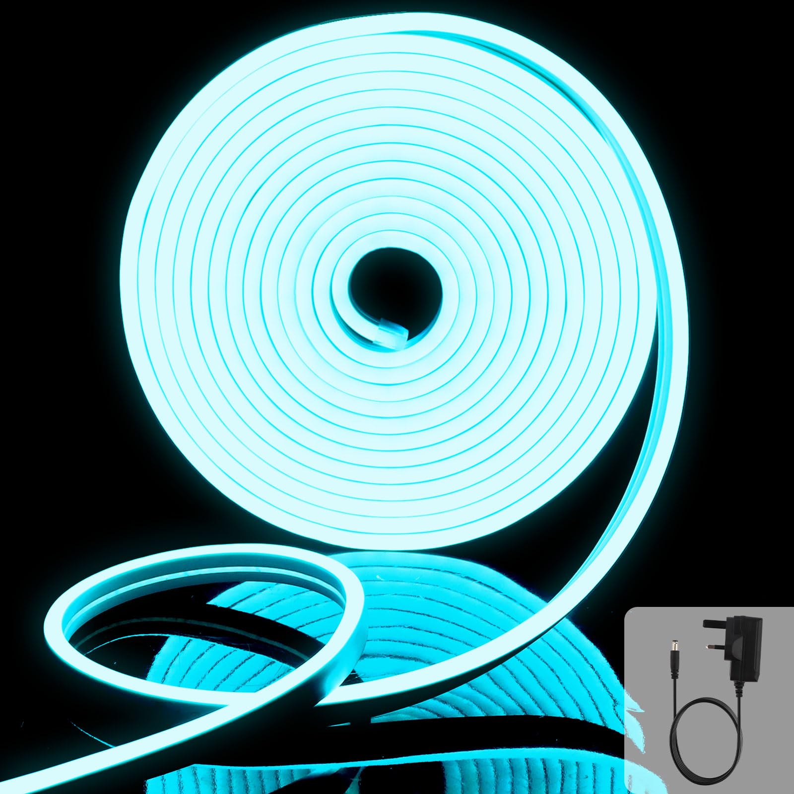 EXTRASTAR Neon Led Strip Light 5M 12V with Power Adapter, IP65 Neon Led Rope Light Cuttable 8.5W/M, Ice Blue Light