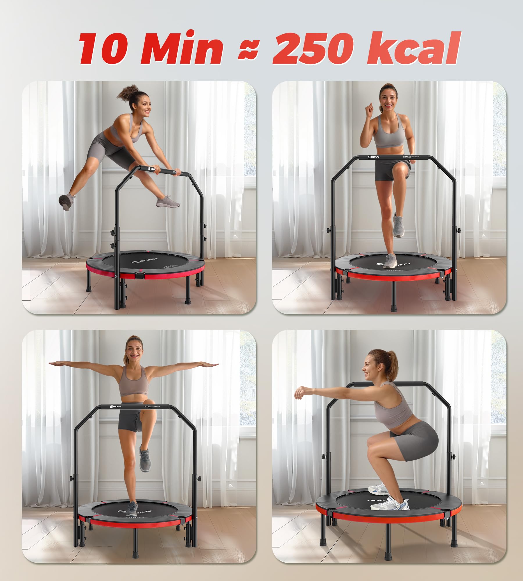Trampolino da interno BCAN, mini trampolino fitness pieghevole da 102 cm, per adulti con maniglia regolabile, carico massimo 150 kg, ideale per l'allenamento a casa e l'allenamento fisico