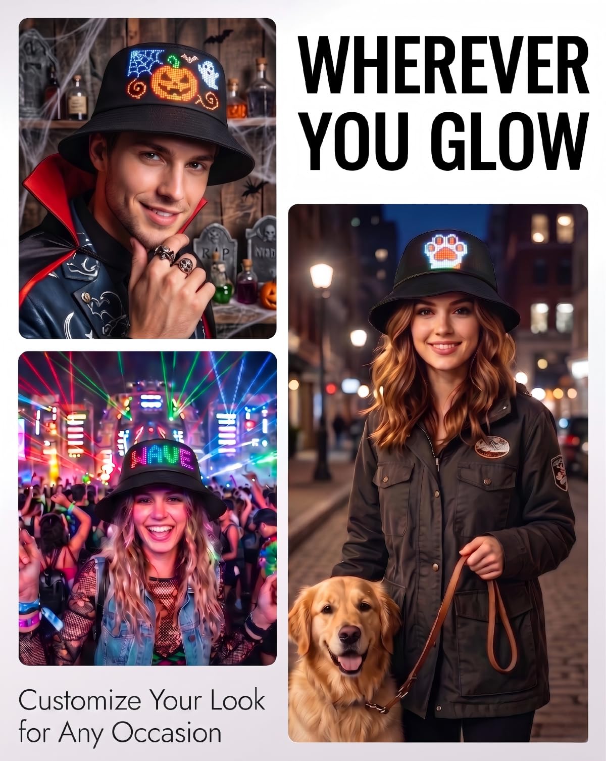LED Bucket Hat Fischerhut Programmierbar mit App-Steuerung, Leuchtender Hut mit Laufschrift Display, Cyberpunk Festival Outfit Rave Partyhut für Herren Damen, USB-C, Schwarz
