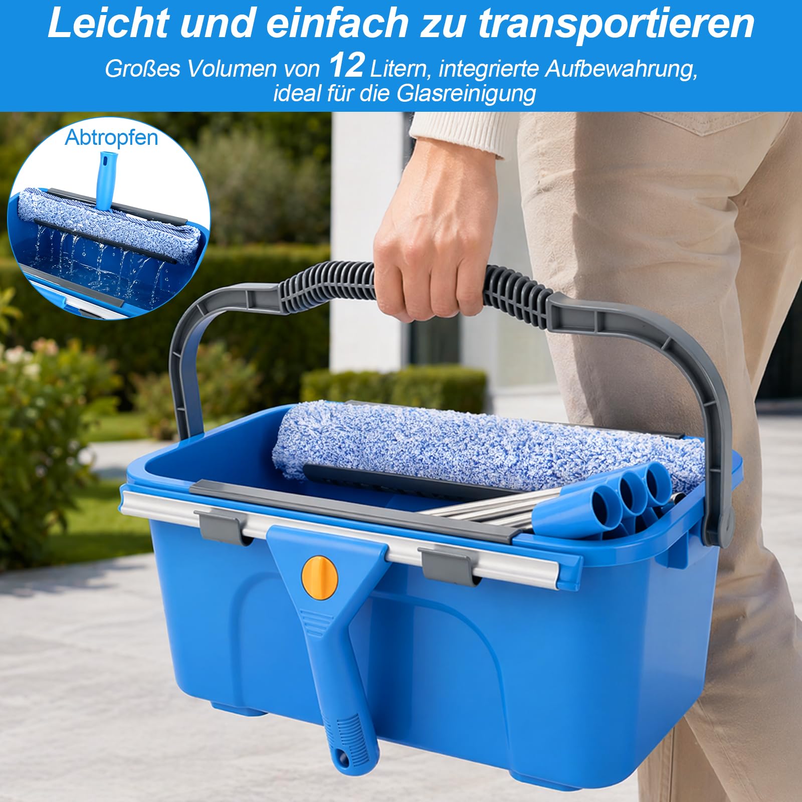 Fensterputzer Set, 3,25m Profi Teleskopstange Fensterreinigung mit Fensterputzeimer 12L, Fensterreiniger Set mit 35,5CM Fensterwischer, Fenster Reinigungsset für Haus, Fenster, Glas, Auto, Outdoor