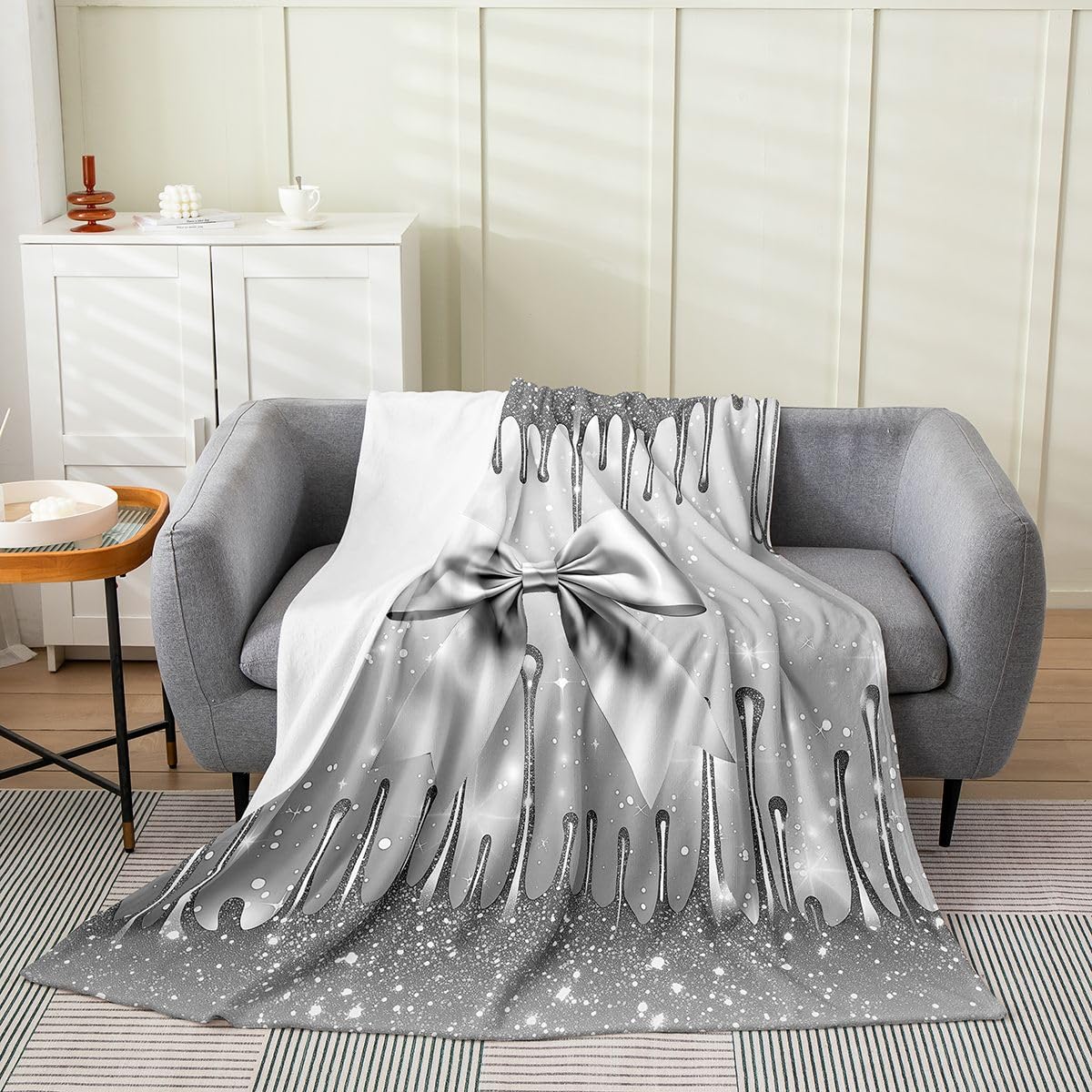 Castle Fairy Cute Bowknot Flannel Blanket for Kids,Princess Romantic Bow Tie Fleece Throw Blanket for Bedroom Sofa Dorm Decor,Glitter Grey Bedding Set,Baby (30 x 40 Inches)