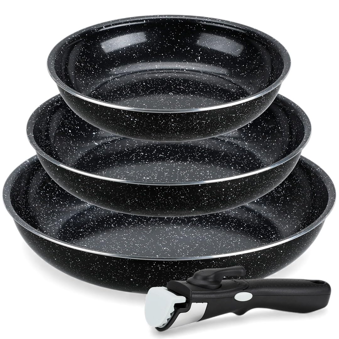 EliteHoff Juego de sartenes de 20/24/28 cm con mango desmontable, revestimiento antiadherente de mármol, sartenes de inducción para todo tipo de cocinas, fáciles de limpiar, color negro