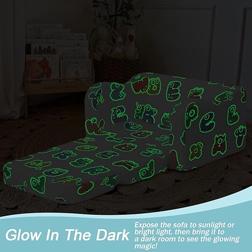 Miniatura 29 de MeMoreCool Sofá de dinosaurio para niños, silla plegable para niños pequeños, sofá cama convertible que brilla en la oscuridad, salón plegable para
