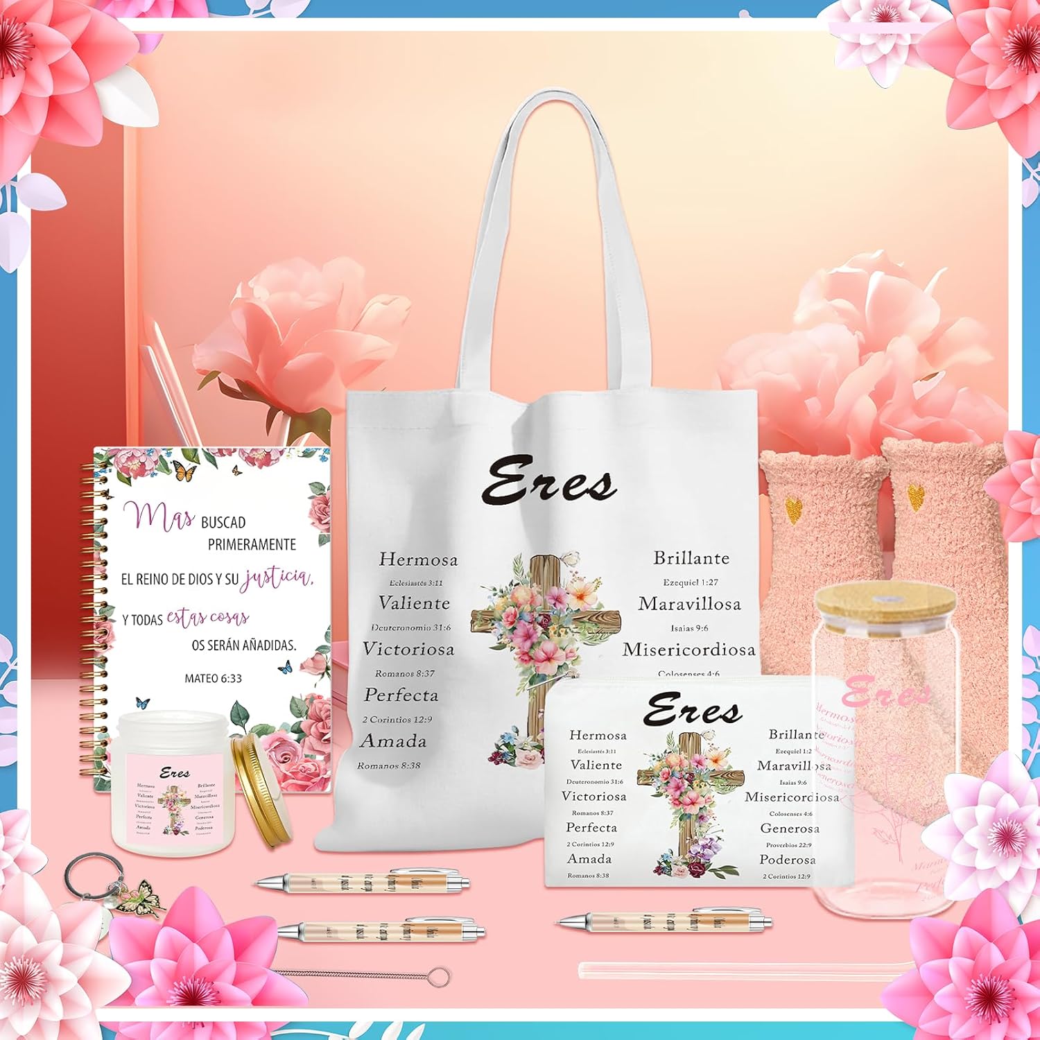 10 Pcs Spanish Christian Gifts for Women Regalos Cristianos En Español Include Inspiration Religious 16 Oz Tumbler Notebook Ballpoint Pen Keychain Socks Bag Regalo Para Mujer for Mother's Day Birthday
