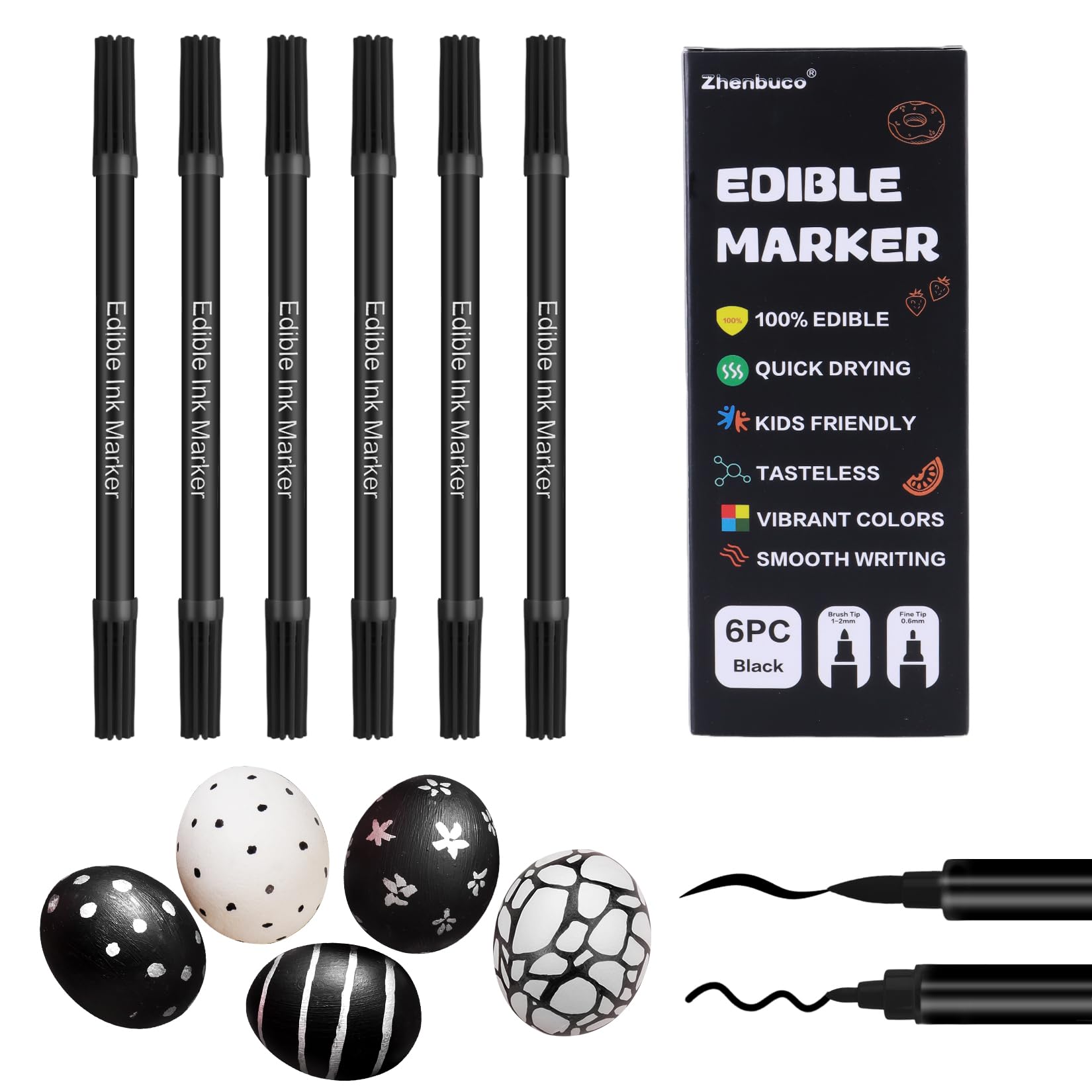 Black Edible Markers - 6PCS Double Sided Food Coloring Pens with Fine and Thick Tip, Food Grade Gourmet Writer for Cookie, Fondant, Cakes, Frosting, Baking, Easter Eggs Decorating