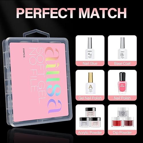 Vista 21 de AILLSA Puntas de uñas medianas de almendra, uñas acrílicas medio mate, gel transparente, cobertura completa, preliminadas, uñas postizas