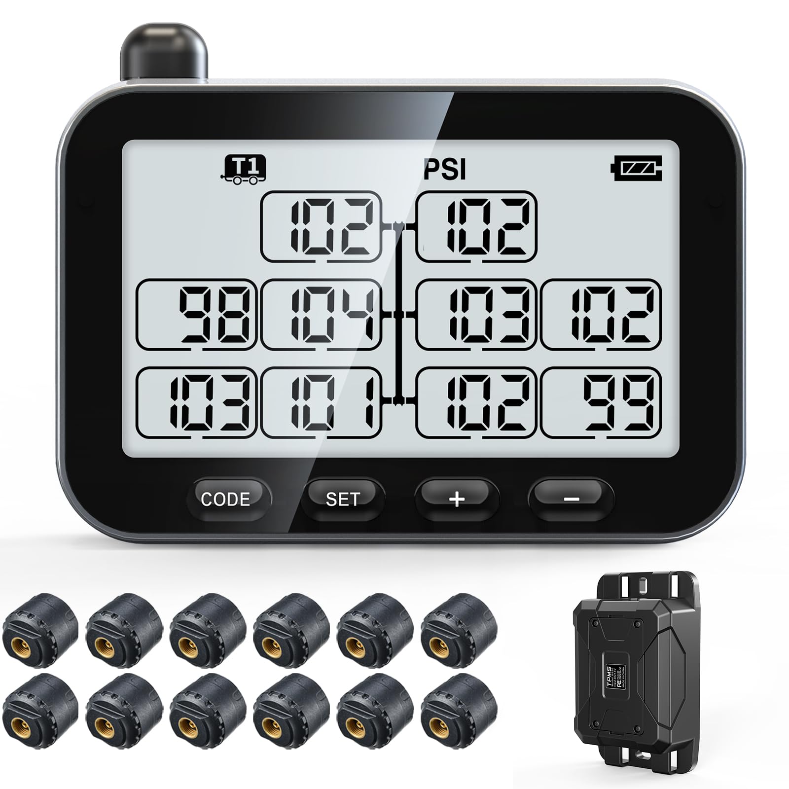 GUTA Trailer Tire Pressure Monitoring System, RV TPMS with 12 Sensors, 6 Alert Modes, Signal Booster, Power Saving Display, Long Sensing Distance, for 3 Trailers (T1/T2/T3), for Camper, Motor Homes