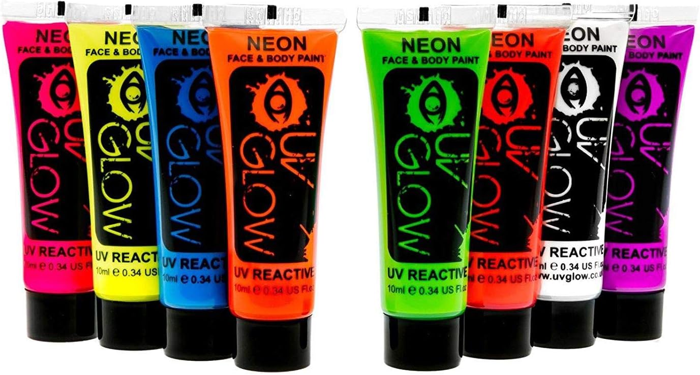Blacklight Face and Body Paint 0.34oz - Set of 8 Tubes - Neon Fluorescent (All Colours)
