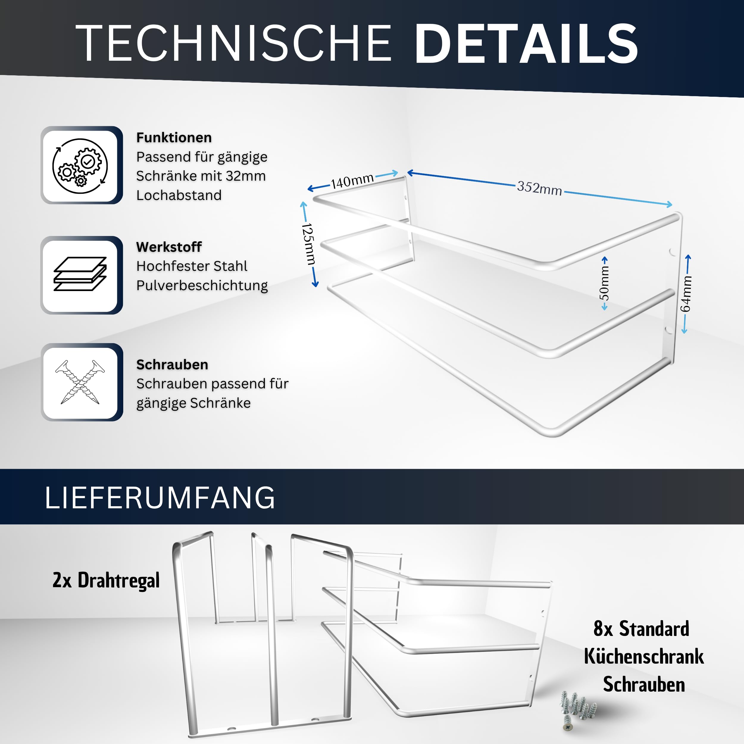 Backblechorganizer in weiß, Backblechhalter für 3 Backbleche passend für 60er-Hochschränke. Hochschrankbeschlag Küchenorganizer Backblechregal, Küchenregal