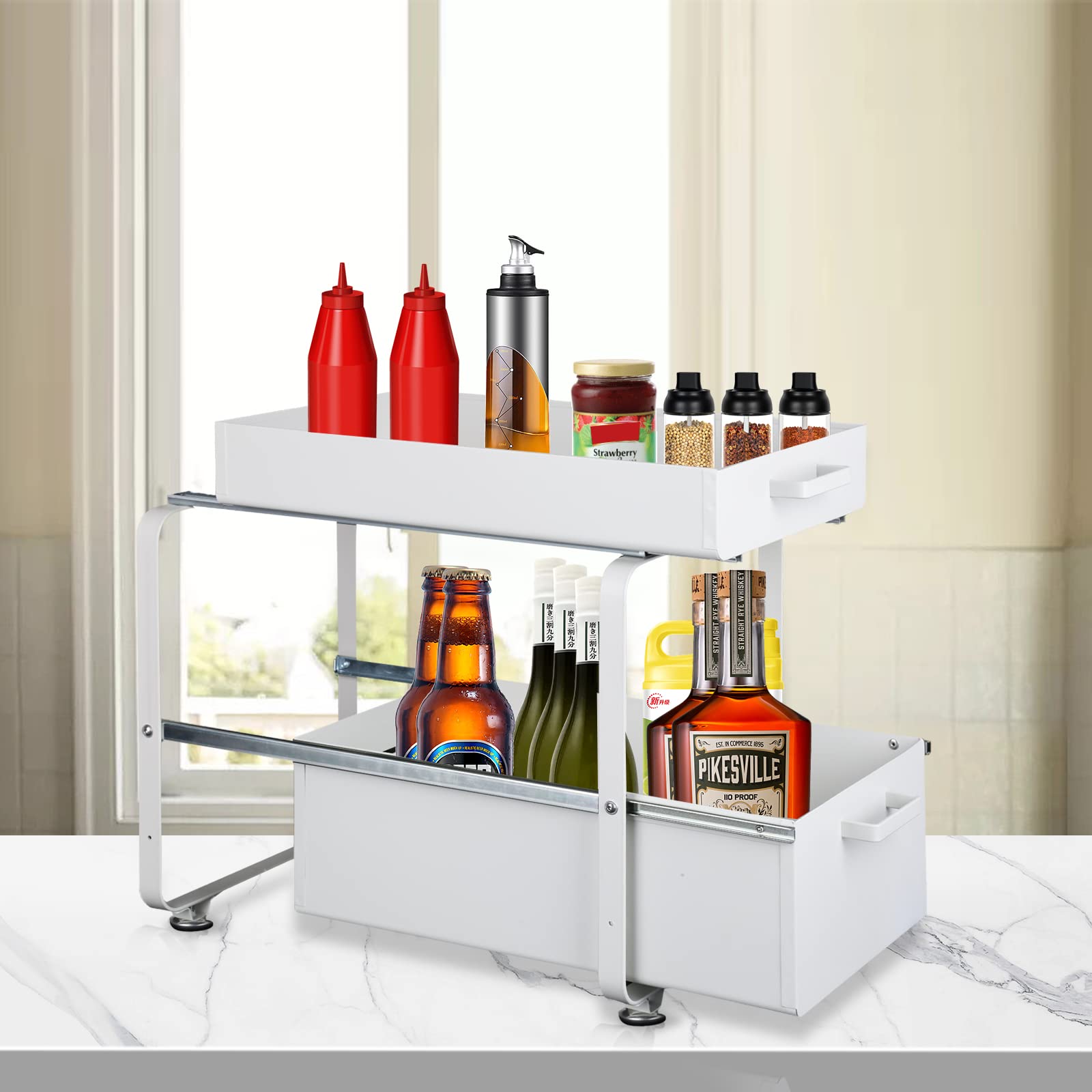 HUOLE Organizer Sottolavello Portaoggetti con Cestelli Scorrevoli Estraibili, Per l'interno di Pensili,Armadi,Scaffali,Piani lavoro,Scrivanie.Per Casa,Ufficio,Bagno,Cucina-40 * 25,5 * 39,5 cm-bianco
