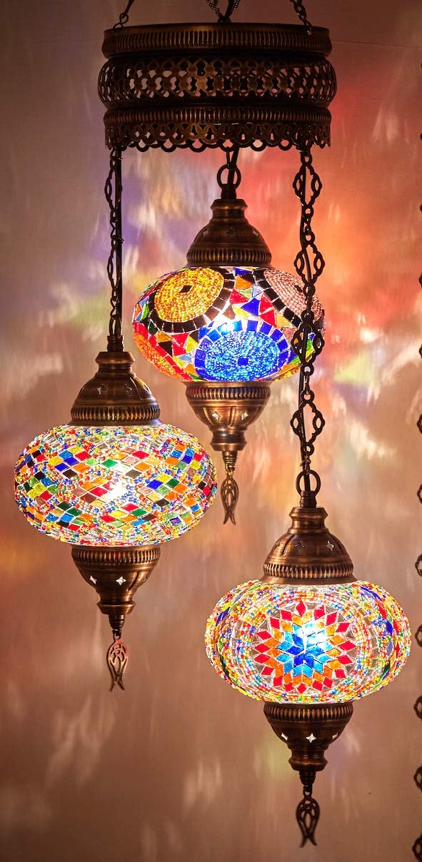 DEMMEX 3-Globe Turkish Mosaic Hard-Wired Chandelier, Handmade Moroccan Hanging Ceiling Lamp, Bohemian Decorative Pendant Light for Living Room, Bedroom, 3.5 ft, Customizable