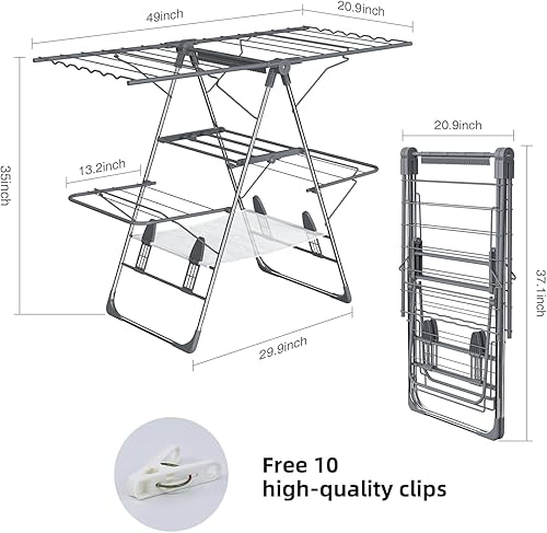 Miniatura 3 de Tendedero de Ropa Plegable de 2 Niveles para Secar Ropa, Tendedero de Acero Inoxidable Plegable para Interiores y Exteriores, con Alas de Altura