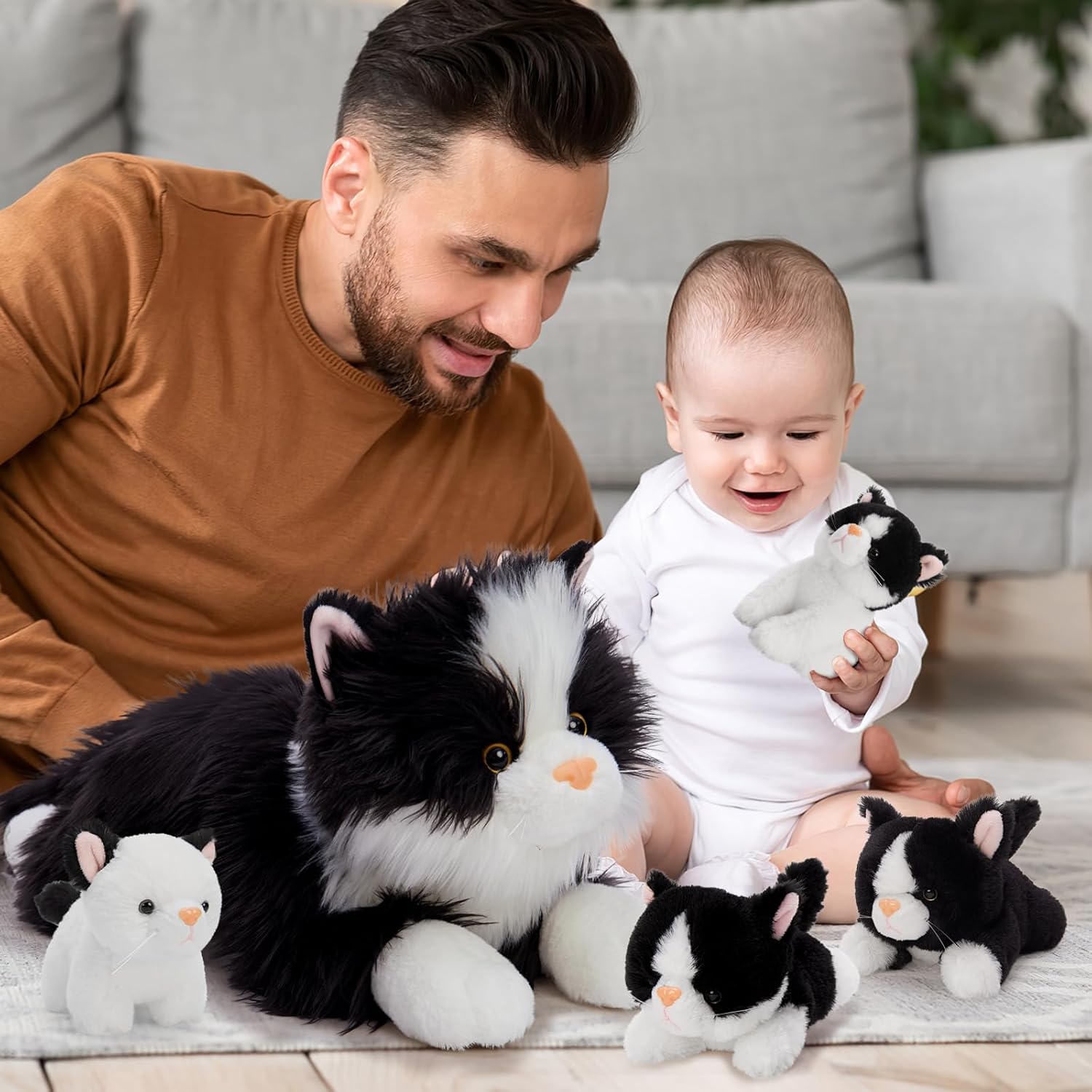 Tezituor 5Pcs Cat Stuffed Animals Set, 20 inch Large Realistic Stuffed Cat with 4 Cute Kittens Baby, Soft Black and White Ragdoll Plush Pillow for Boys Girls - Image 3
