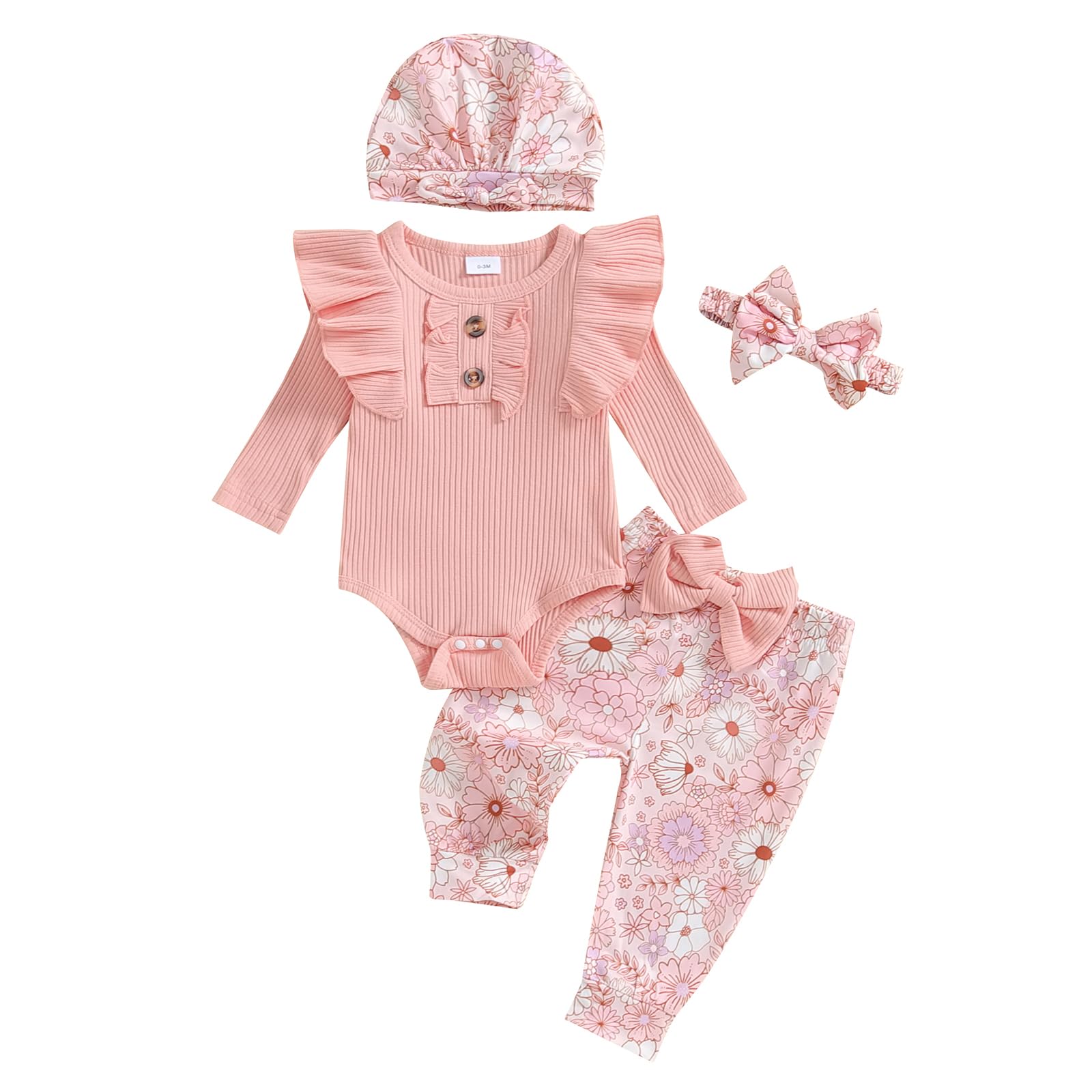 Ayalinggo Newborn Baby Girl Clothes Ruffle Ribbed Knit Romper Floral Pants Set Headband Hat Cute Infant Coming Home Outfit (Pink, 0-3 Months)