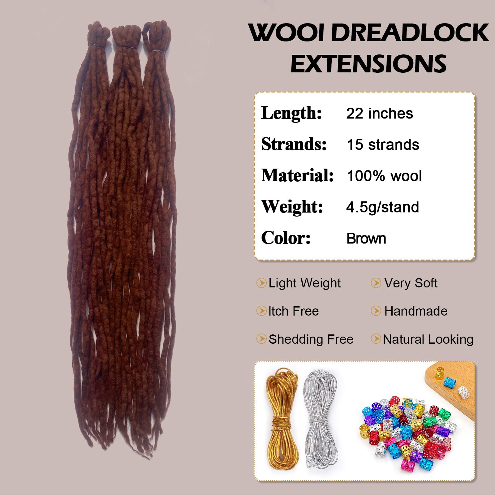 Dreadlock Extensions Dark Brown Wool Double Ended DE End Dreads 15 Strands Crochet Dreads Extensions 22 inches Dreadlocks Extension Straight Hippie Style Dreads for Women Men - Image 2