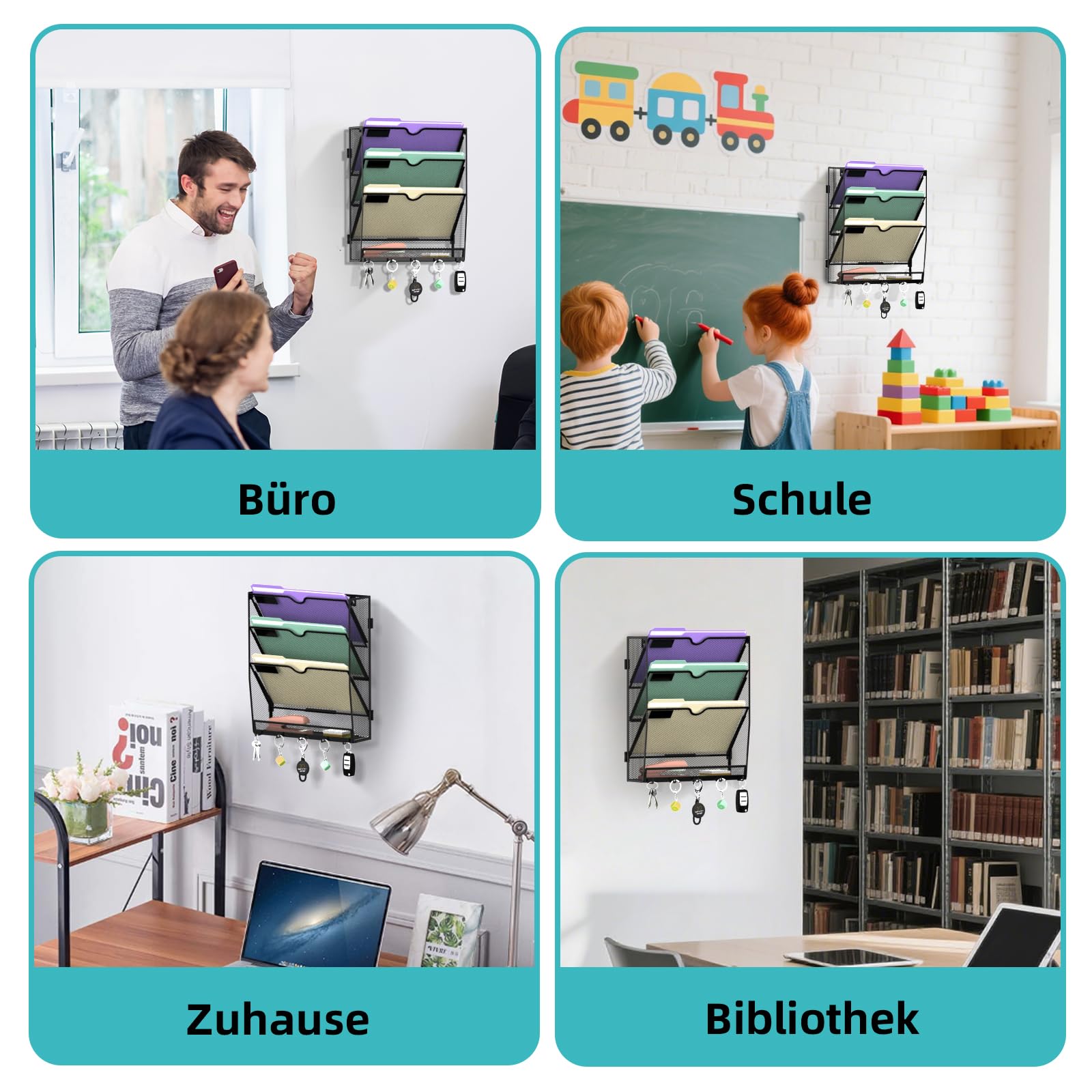 RITOLLO 4 Fächer Metall A4 Zeitschriftenhalter mit 5 Haken, hängender Wandhalter zur Wandmontage, praktischer Wandorganizer für Papier, Ordner, Magazine und Rechnungen, Schwarz
