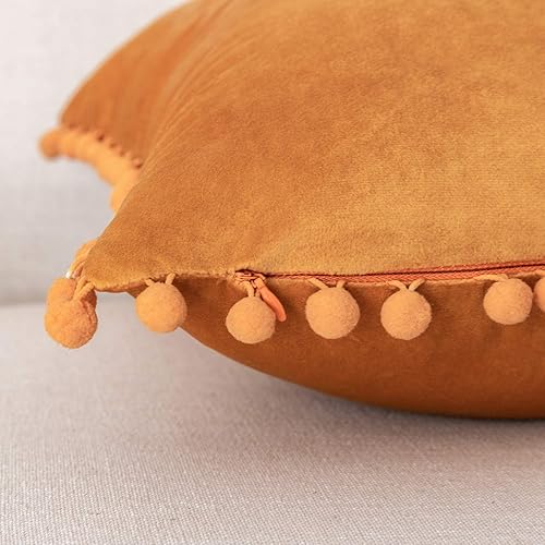 Miniatura 2 de Ashler Juego de 2 fundas de cojín con pompones suaves, terciopelo, felpa, colores vibrantes, elegantes, cubiertas de cojín, paquete de 2 piezas