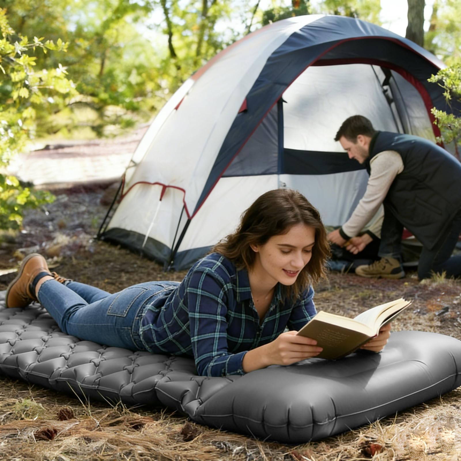 Materassino Gonfiabile Campeggio con Cuscino, 190 * 60 cm Letto Singolo Gonfiabile Pieghevole, Inflatable Mattress, Gonfiabile con Azionamento a Pedale, per Campeggio, Viaggi, Spiaggia