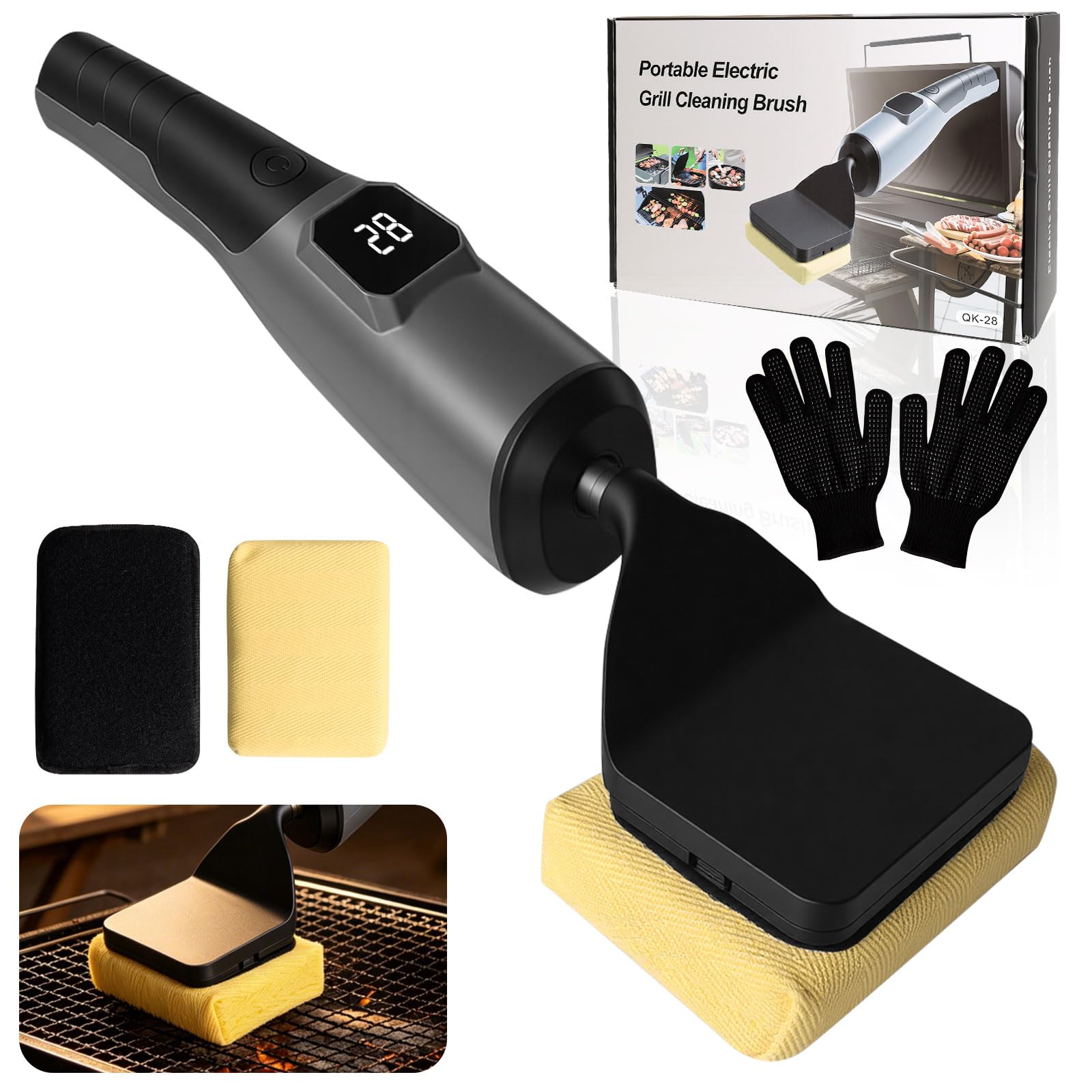 2026 Electric Grill Brush Cordless, 7.4V Dual-Battery BBQ Grill Cleaner with 4H Runtime, Pressure-Sensitive Speed, No-Splatter Bristle-Free, 180° Adjustable Head, 2 Brush Heads for Gas Charcoal Smoker