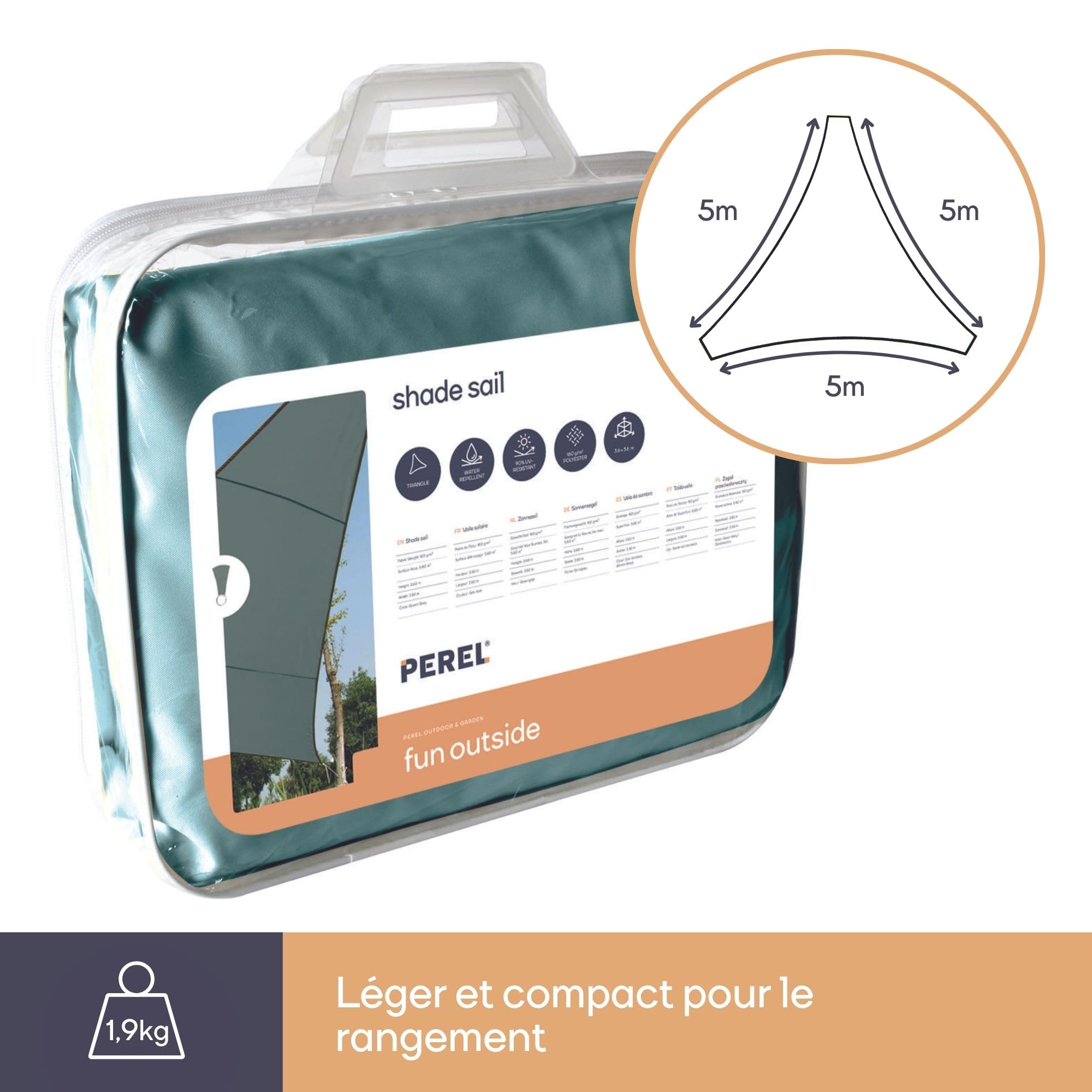 Perel Voile d’ombrage Triangulaire 5 x 5 x 5 m en Polyester Respirant et déperlant pour Jardin et terrasse, Protection UV 90%, Vert Gris