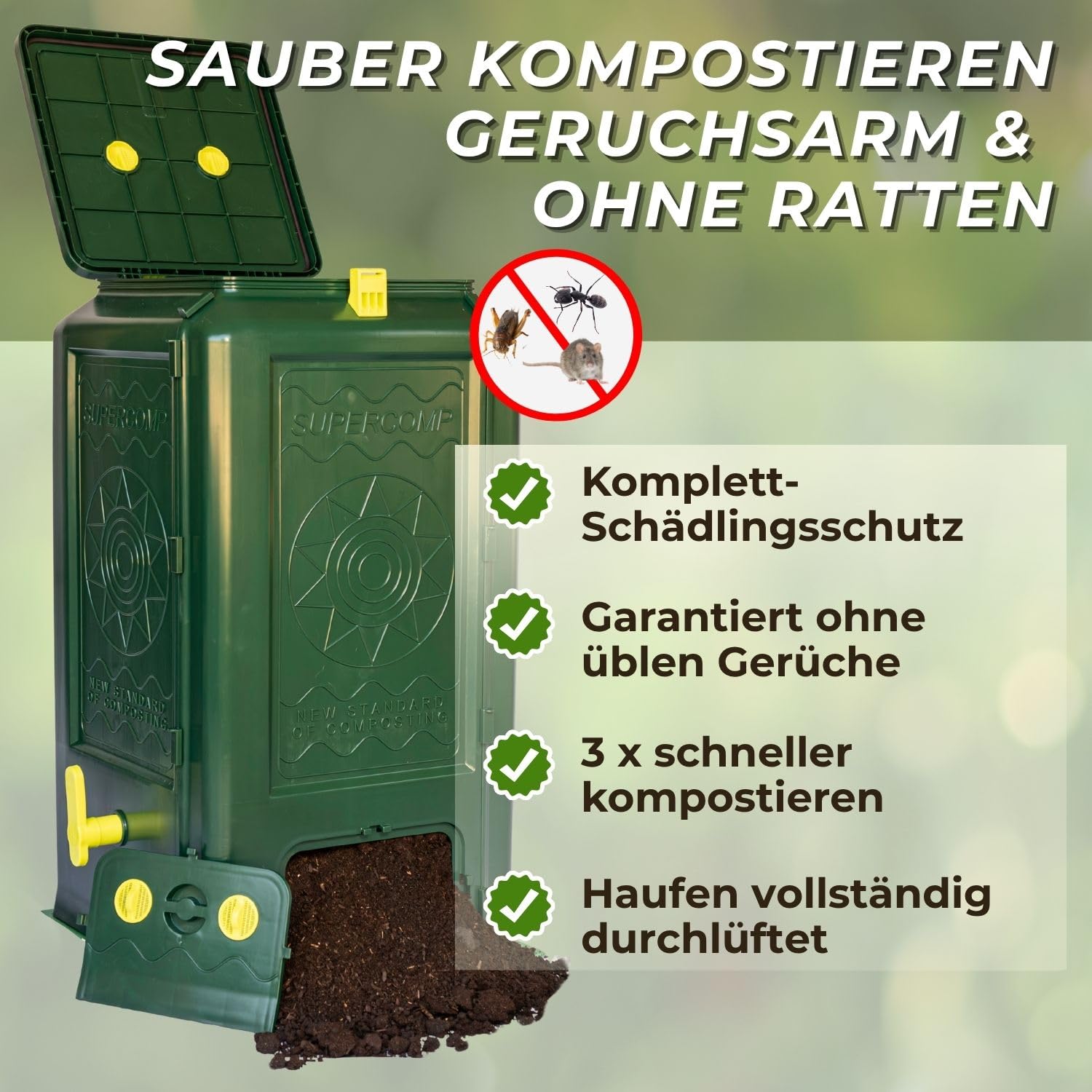 Schnellkomposter 350L | Rattensicher, Schädlingsschutz rundum Dichtungen und Gitter, geruchsfrei & ohne Umsetzen, UV- und frostbeständig