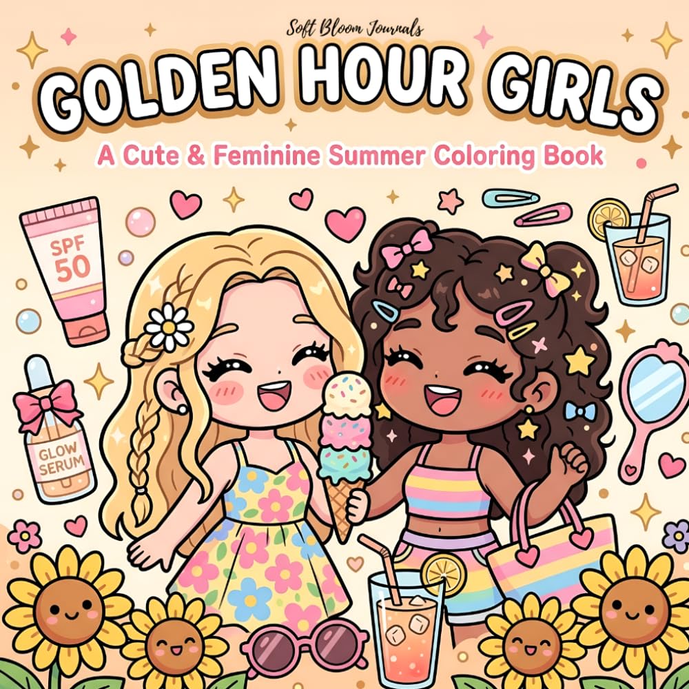 Golden Hour Girls: A Cute & Feminine Summer Coloring Book (Cute & Feminine Kawaii Coloring Books)