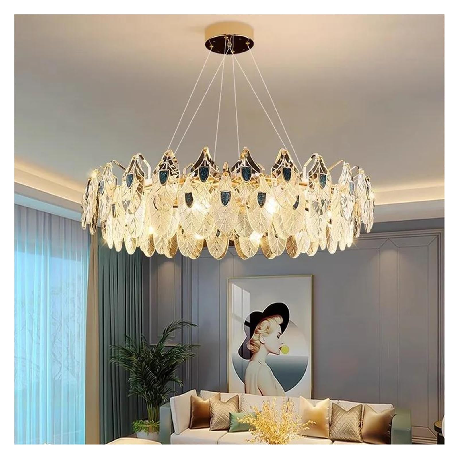 Générique Lustre rond en cristal doré forme de feuille laurier, luminaire décoratif brillant for chambre à coucher, salon, salle manger ou villa(Warm White,AD80CM)
