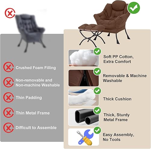 Miniatura 9 de Silla Lazy con otomana, silla moderna con reposapiés plegable, silla de acento de salón, cómoda silla de lectura (marrón oscuro)