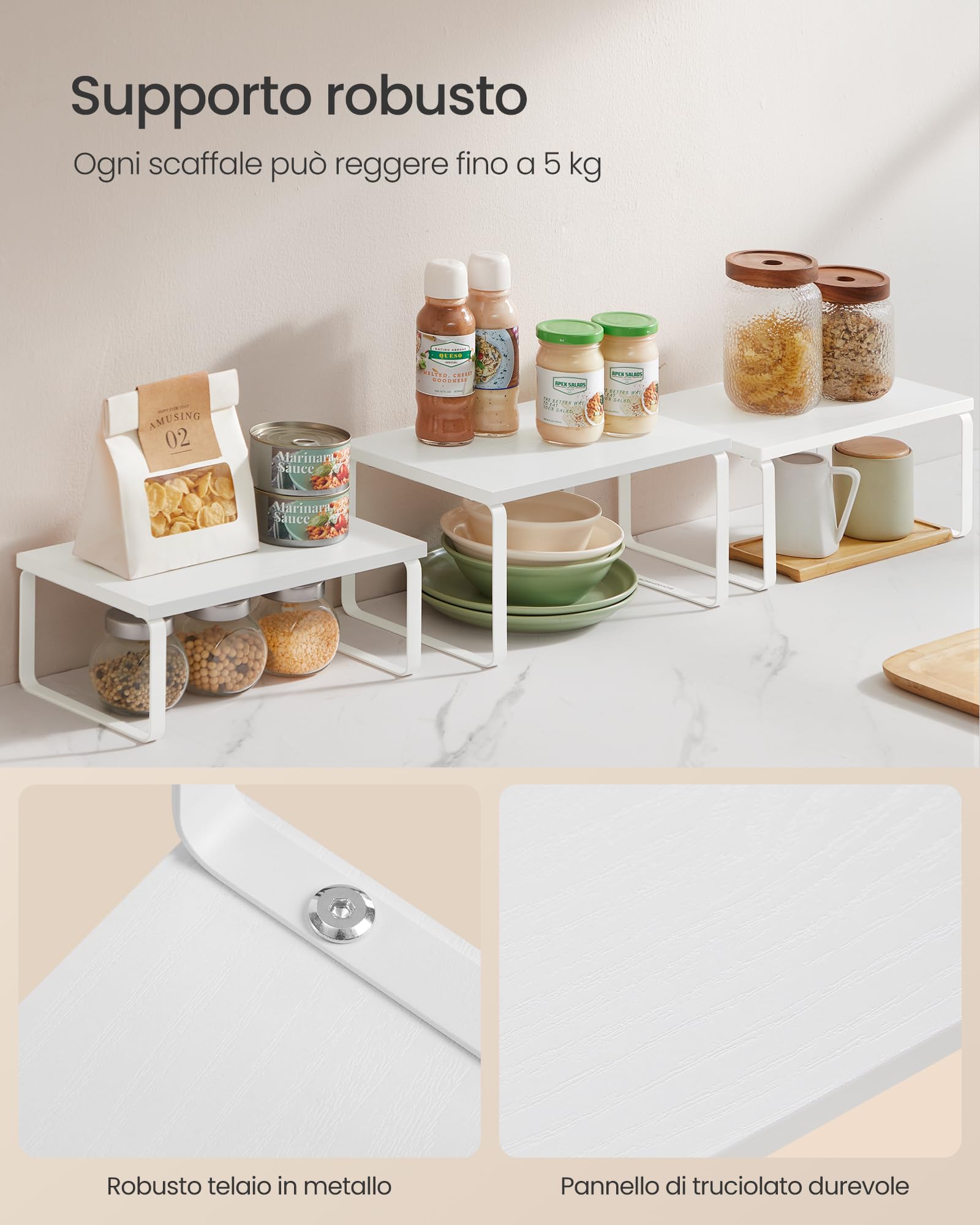 Set Di 4 Scaffali Organizzatori Da Cucina SONGMICS - Impilabili, Regolabili, In Metallo E Legno | Bianco E Beige - Foto 5