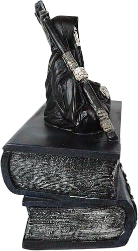 Miniatura 4 de Ebros Osario Macabra Muerte Parca con guadaña sentada en libros de la vida, caja decorativa, joyero, estatuilla de 8 pulgadas de alto, esqueletos de