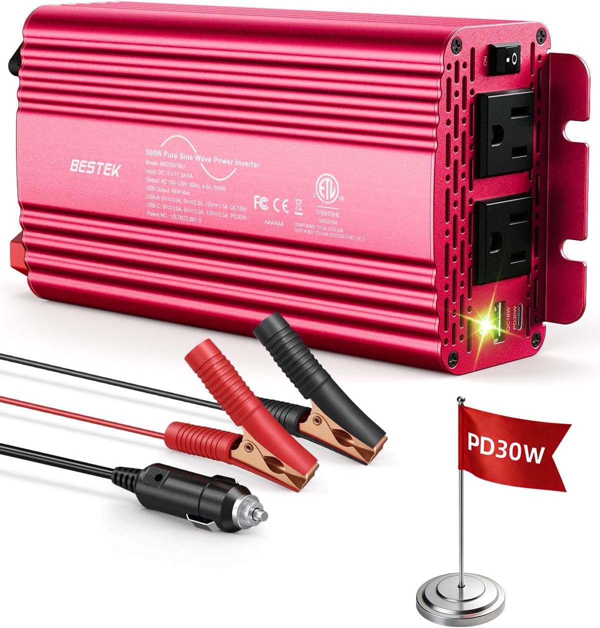 Bestek 500W Pure Sine Wave Power Inverter with PD30W & QC18W, Inverter DC 12V to AC 110V for Solar, RV, Truck, Outdoor Power Inverter with Dual AC to Camping, Road Trips