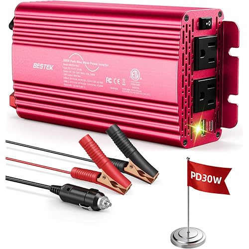 Bestek 500W Pure Sine Wave Power Inverter with PD30W & QC18W, Inverter DC 12V to AC 110V for Solar, RV, Truck, Outdoor Power Inverter with Dual AC to Camping, Road Trips