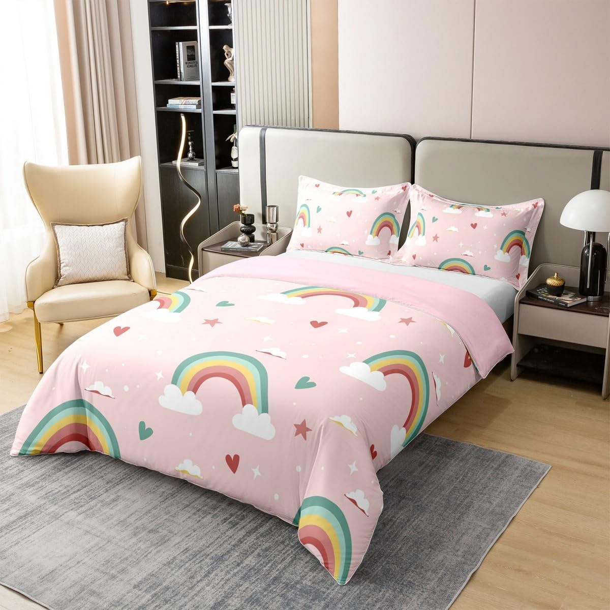 Castle Fairy Rainbow 100% Organic Cotton Comforter Cover White Clouds Stars Hearts Duvet Cover Set Queen Size for Bedroom Cartoon Style Rainbow Bedding Set with 2 Pillowcases