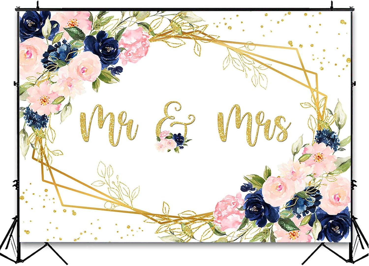 Avezano Mr and Mrs Backdrop Navy Blue Blush Pink Gold Geometric Floral Engagement Wedding Backdrop for Photoshoot (8x6ft)