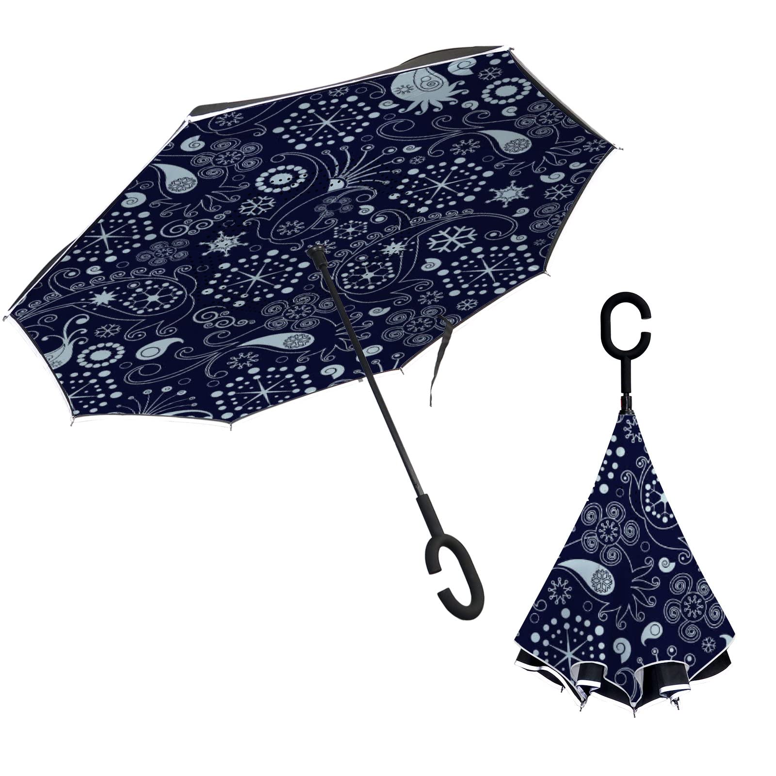Double Layer Inverted Umbrella Dark Blue Paisley Pattern Inside Out Car Reverse Umbrella Large Anti-UV Windproof Rain Sun Travel Umbrella
