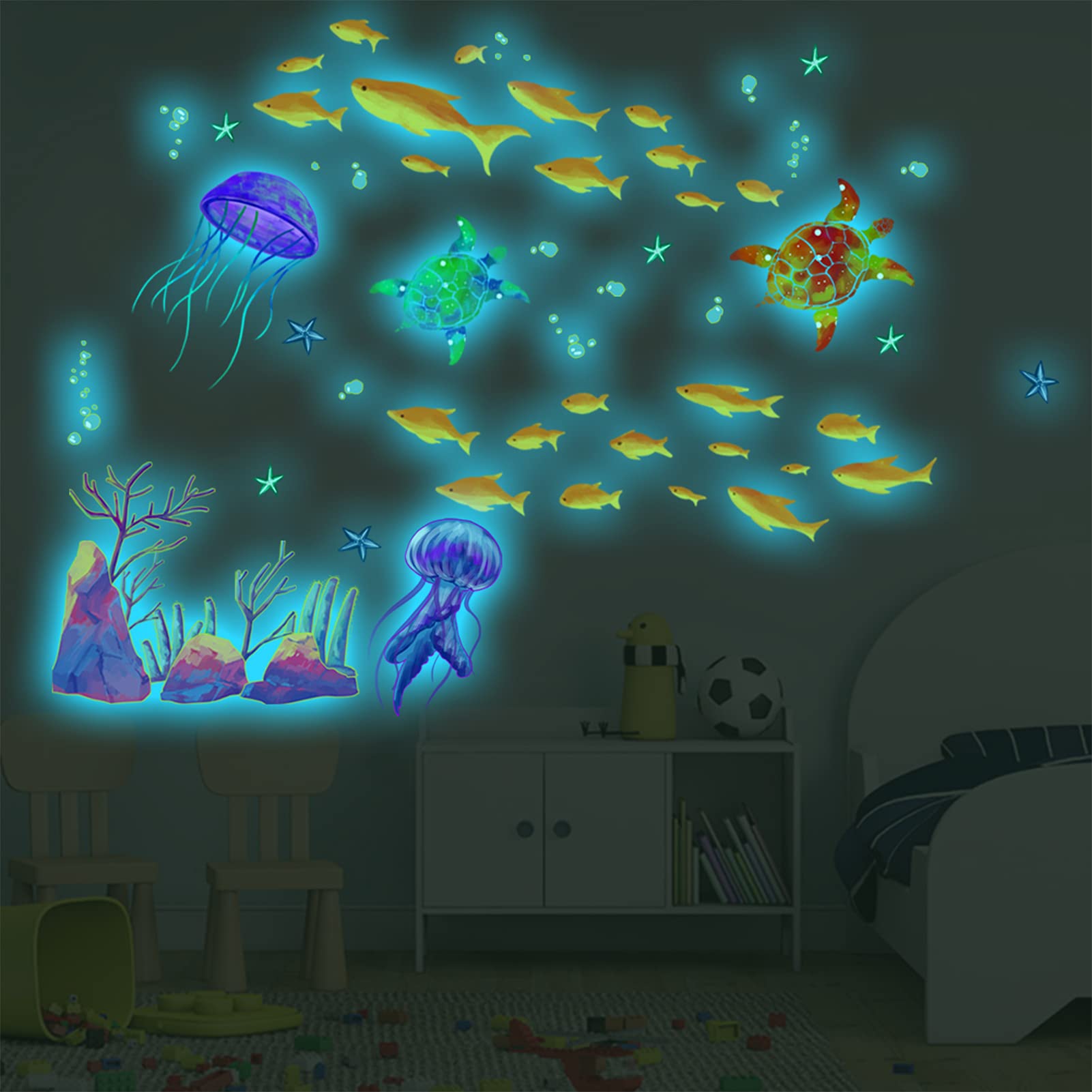 EsLuker.ly Glow in The Dark Sea Wall Decals, Ocean Theme Fluorescent Stickers Luminous Fish Turtle Jellyfish Wall Decor Underwater Sea World Wall Art for Kids Bedroom Nursery Decoration (Coral)
