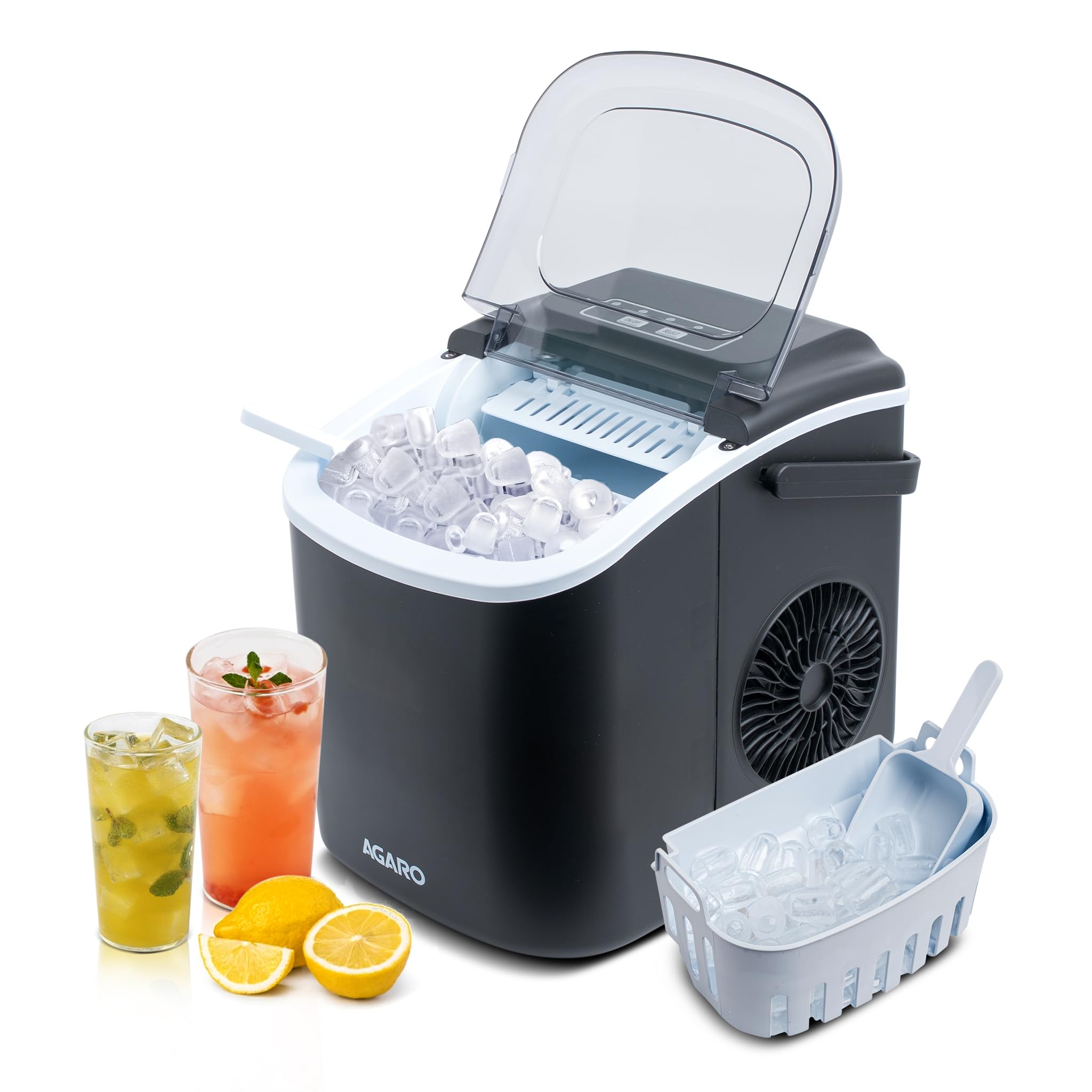 AGARO Marvel Ice Maker 1.2L Countertop Portable Machine, 9 Cubes in 6 Mins, 2 Bullet Ice Sizes, Fast Ice Making for Home Kitchen, Office, Parties, Self-Cleaning with Handle (Black)-image-1