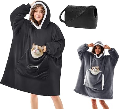 JOYWOO Black Foldable Wearable Blanket Hoodie and Wearable Blanket,Gifts for Women Mom Men,Oversized Cat Lovers Cozy Sherpa Blankets