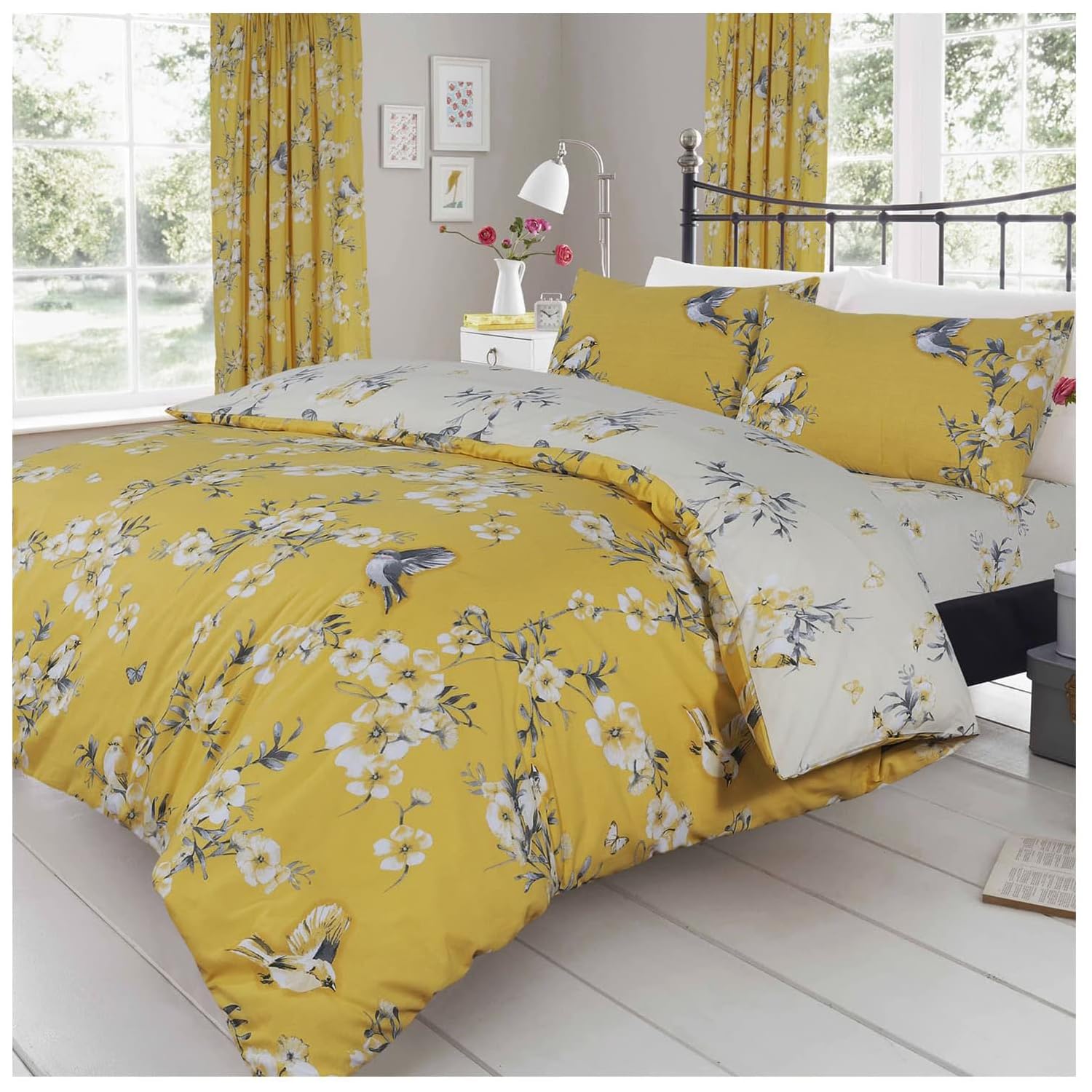 GC GAVENO CAVAILIA Birdie Blossom Soft Floral Kingsize Duvet Cover Sets, Breathable Comfy Reversible Botanical Flowers Bedding Set With Pillowcases, Luxury Birds Quilt Cover, Ochre
