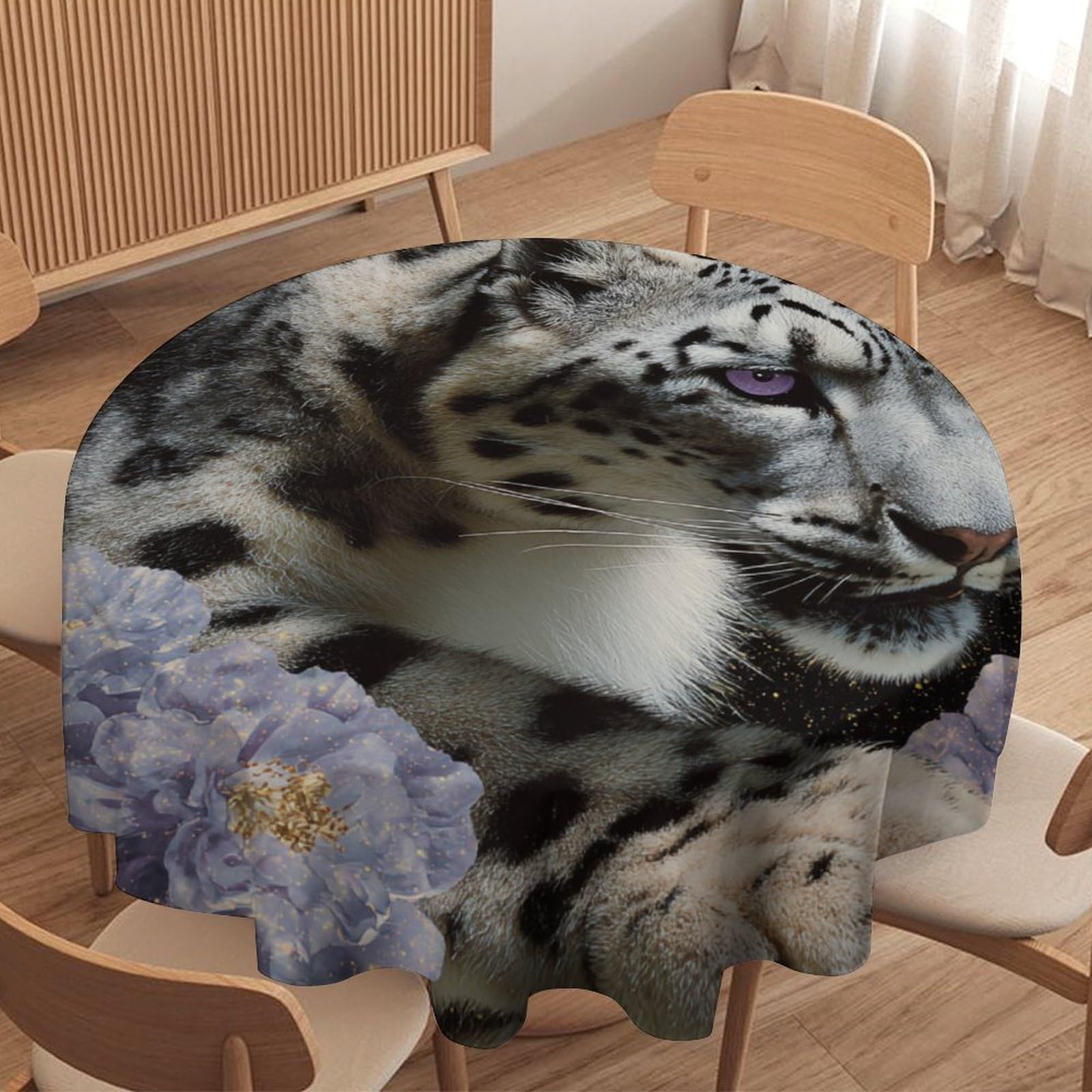 LUYYSKY Fantasy Classic Snow Leopard Waterproof Round Tablecloth Beautiful Realistic Animal Leopard Purple Lily Floral Washable Table Cover for Kitchen-127 Wx127 L cm