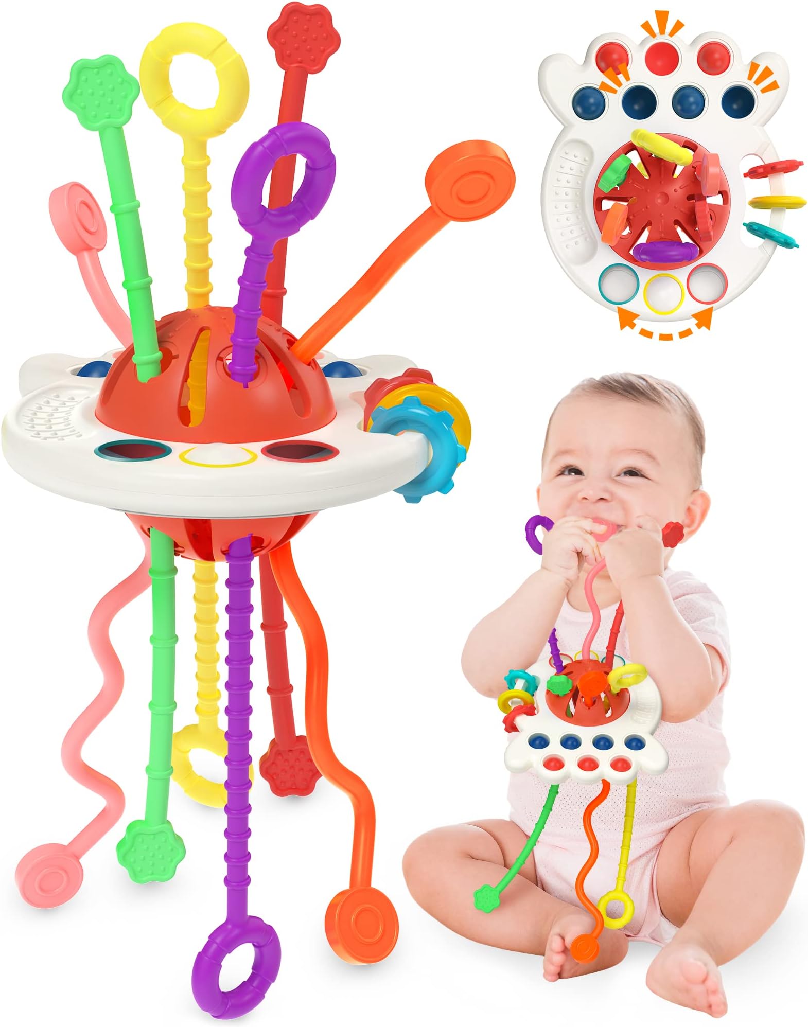 Yetonamr Baby Sensory Montessori Toys for 6-12-18 Months, Pull String Silicone Teething Toy, Toddler Birthday Gift Travel Toy for 1 2 Year Old Boy Girl Infant 8 9 10 Months Old