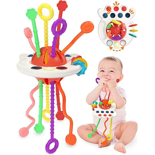 Yetonamr Baby Sensory Montessori Toys for 6-12-18 Months, Pull String Silicone Teething Toy, Toddler Birthday Gift Travel Toy for 1 2 Year Old Boy Girl Infant 8 9 10 Months Old