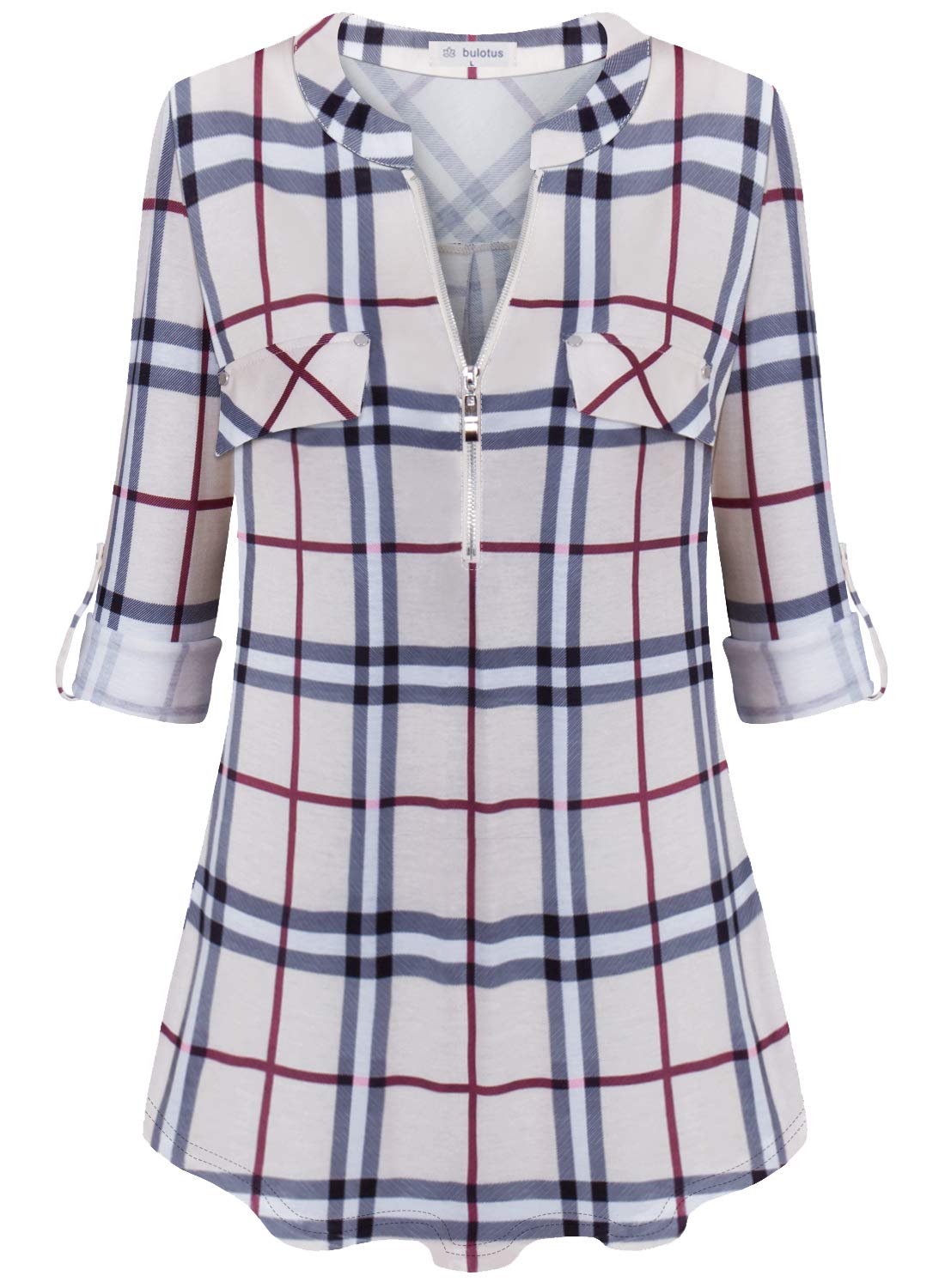 Bulotus Women's Zip Front V-Neck 3/4 Sleeve Tunic Casual Top